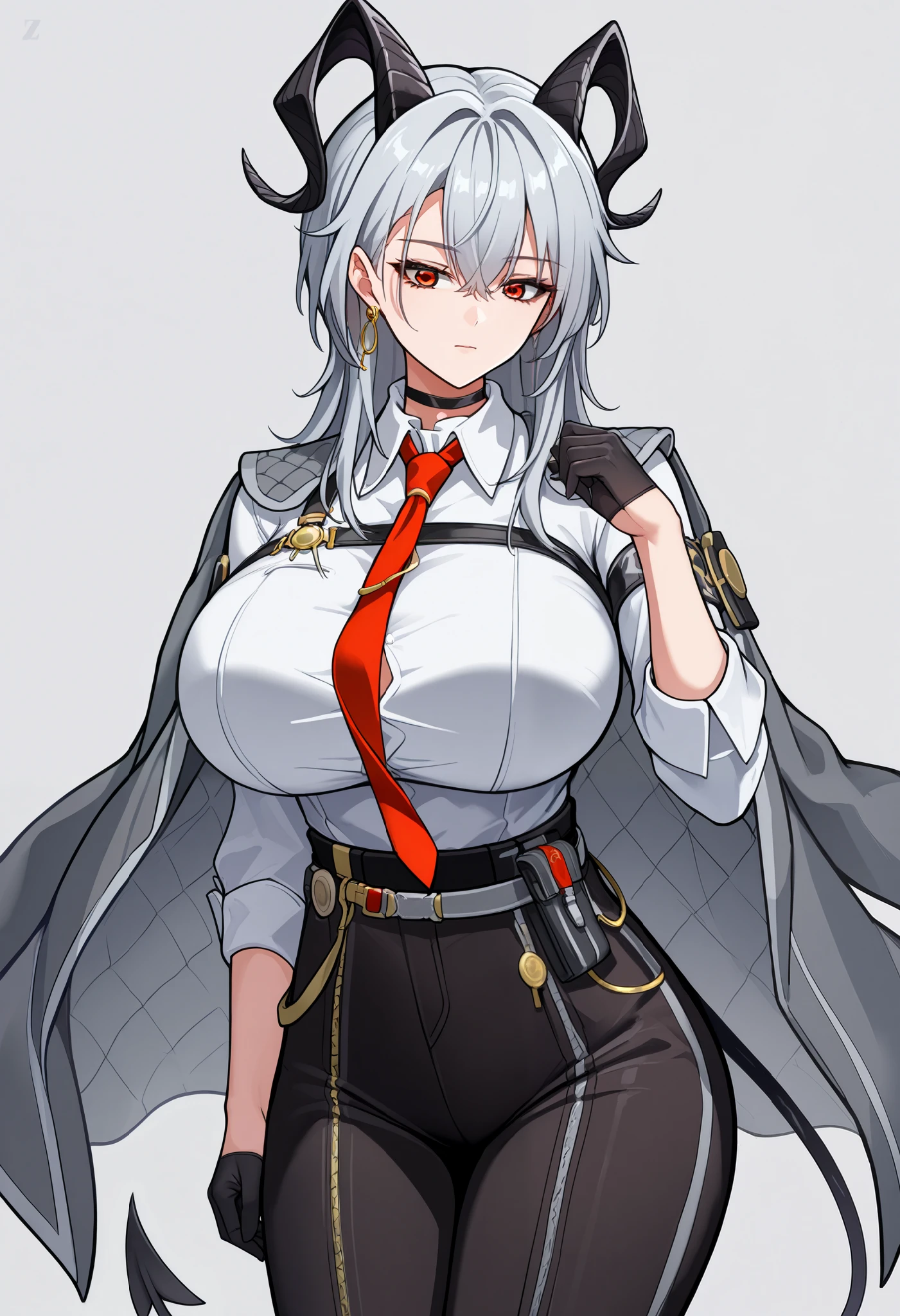 score_9, score_8_up, score_7_up, cowboy shot, Alone, 1 girl, z4ni, demon tail, long hair, multicolored hair, grey hair, hair between eyes, goat horns, demon horns, red eyes, large breasts, grey coat, coat on shoulders, white shirt, collared shirt, red necktie , long sleeves, black gloves, half gloves, black pants, earrings, black choker, ((( huge breasts)))