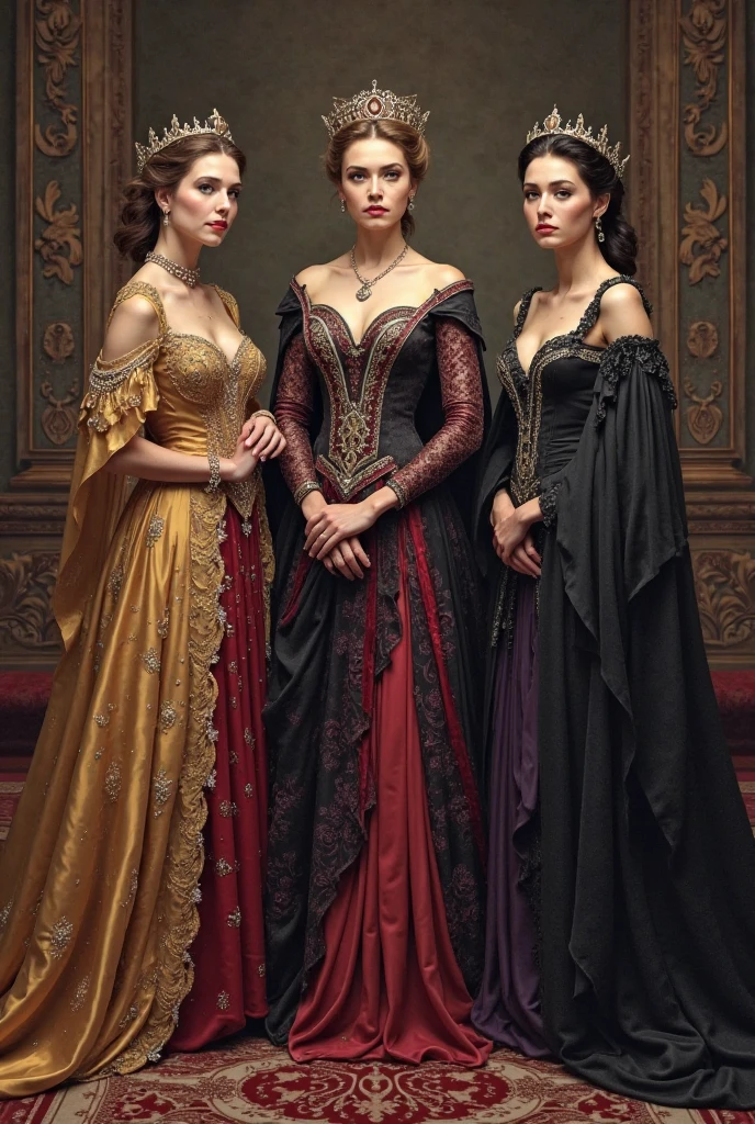 Wicked queen pretending to be friendly with two beautiful but wicked princesses