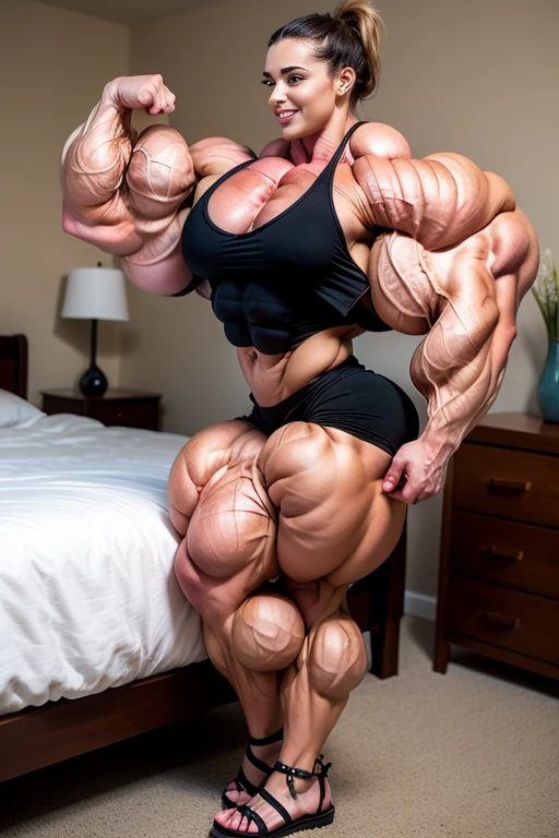(Muscular:1.8), (thick extremely muscular legs muscles:2.2), (large round breasts:1.4), (large muscular chest and shoulders:1.1), FEMALE, brown hair, long brown hair, (big smile:1), (wearing tight bikini:1.5), looking at viewer, (three quarter view:1.3), upper body view, (bedroom:1.5), (dark lighting:1.8), detailed skin, detailed eyes, (clean skin:1.5), (very thin waist:1.3), (huge body muscles:1.7), (one protagonist:1.5), (pose:1.6), (tall:1.6)