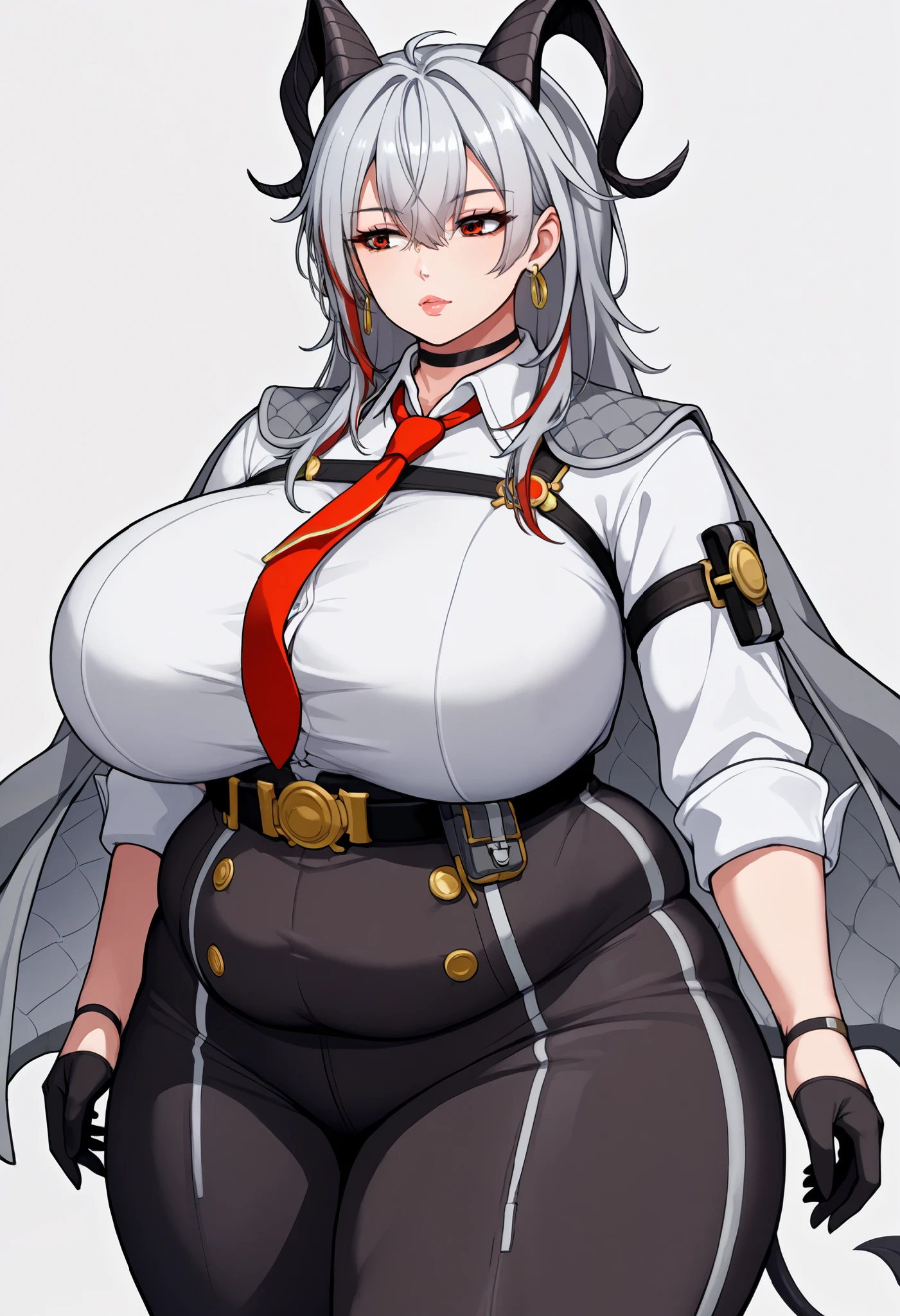 score_9, score_8_up, score_7_up,  cowboy shot, Alone,  1 girl, z4ni, demon tail, long hair, multicolored hair, grey hair, hair between eyes, goat horns, demon horns, red eyes, large breasts, grey coat, coat on shoulders, white shirt, collared shirt,  red necktie , long sleeves, black gloves, half gloves, black pants, earrings, black choker, ((( huge breasts))), chubby, chubby girl, curvy, large breasts, lips, plump, thick thighs, thighs, (((oversized gigantic stomach)), curvy, large breasts, lips, plump, thick thighs, thigh, immobile
