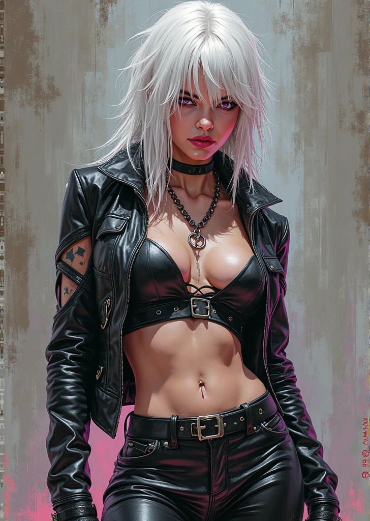 Stunning painting featuring the very beautiful Elsa Jean + venom sider girl with chained wrists, provocative pose, flirtatious expression, tattered unbuttoned shirt black red highly detailed tattered leather mini skirt, perfect anatomy, centered, near perfect, dynamic, highly detailed, artstation, concept art, soft and sharp focus, illustration, art by Carne Griffiths and Wadim Kashin, graffiti airbrush techniques, high definition accent lighting, contrasted with vivid paint colors, cinematic, photorealistic, by Boris Vallejo, atmosphere extra space, digital rendering, digital painting, beep, Noah Bradley, Cyril Roland, Ross Tran, trending on artstation