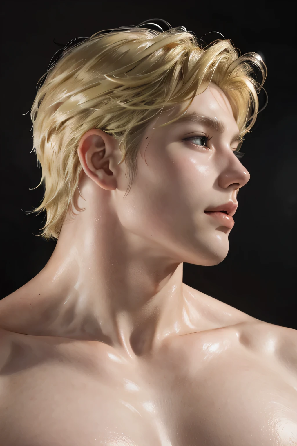 t0f, colored pencil drawing of anime men, simple background, good quality face, head and neck only, portrait, side profile, naked, sensual, hot, twink, blonde hair