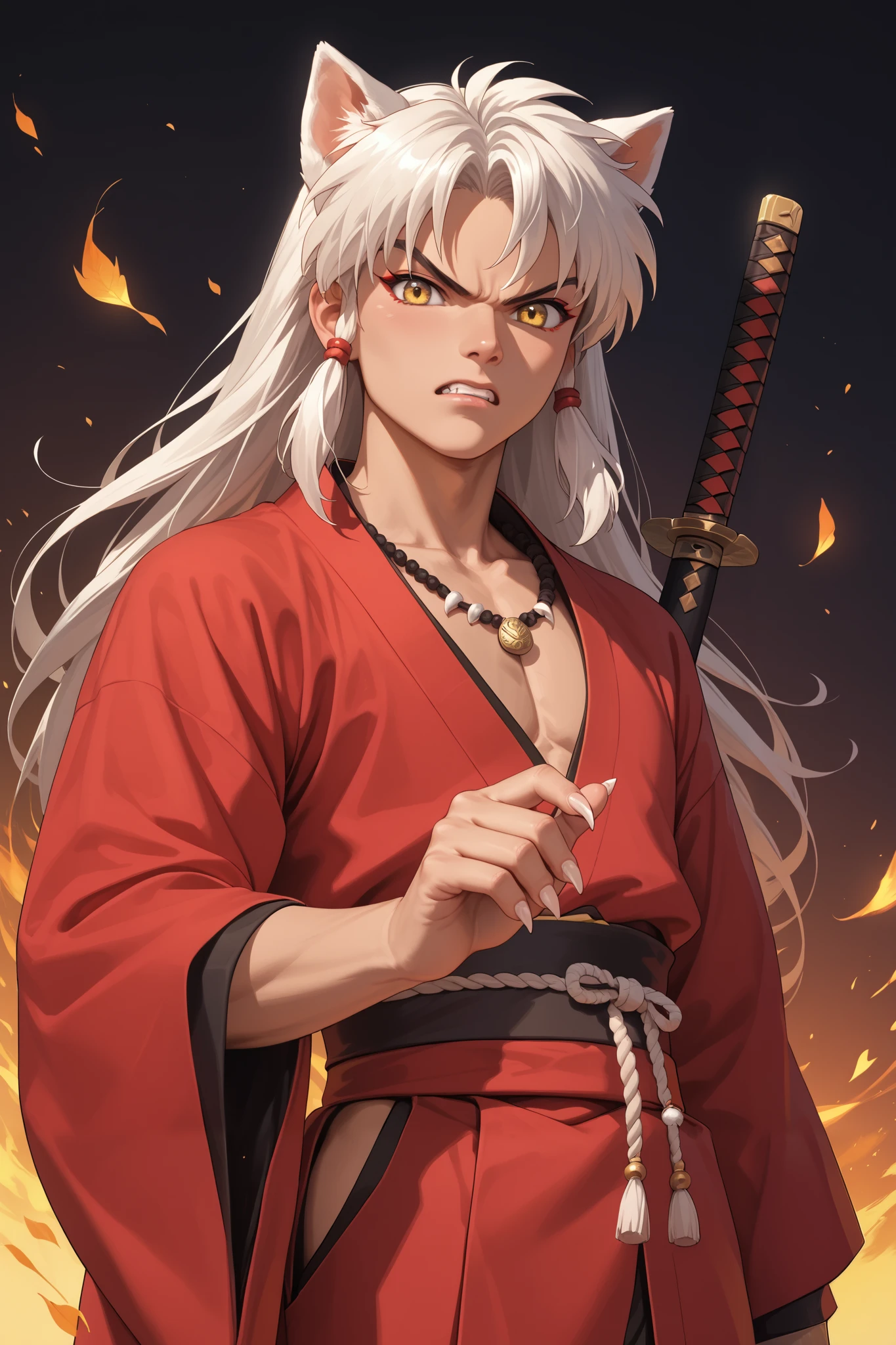 masterpiece, beautiful, ultra-detailed, detailed face, 4k, hd, perfect lighting, best quality, score_9, score_8_up, score_7_up, 2d art, perfect hands, perfect eyes, inuyasha, white hair, yellow eyes, long hair, animal ears, dog ears
necklace, jewelry
weapon, sword, katana
sheath
kimono, japanese clothes
red kimono, solo, ((1man)), angry, ((adult))
fingernails, (sharp fingernails)