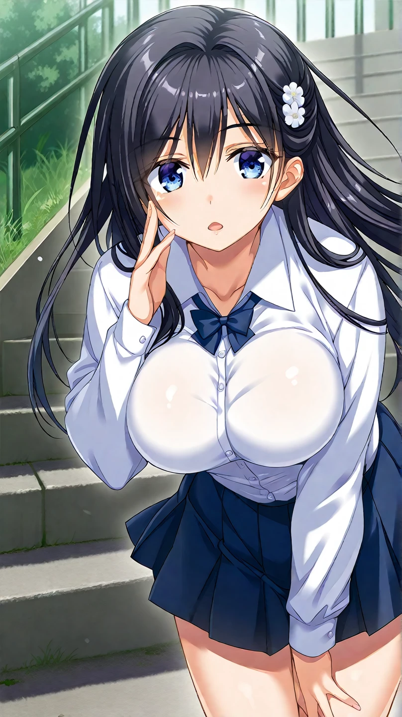 , (Spread your legs)、 (White panties), high school girl, Blue Uniform、Mini Skirt Police、White shirt, sunny, Mature Woman, Anime Cel Style, Highest quality, High resolution, One Girl, (Large Breasts:1.2), Beautiful Face, Beautiful fingers, Beautiful long legs, Beautiful body, Beautiful Nose, Beautiful character design, Black Hair, bangs, Maorilan, Show Viewer, Cowboy Shot, blush、Embarrassed look、Nipples are visible、