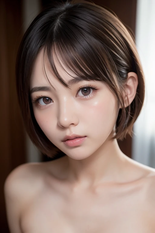 Highest quality, (beautiful)、lingerie、Large breasts、Brown Hair、Looking into the camera、、Face down、close、Put your hand on your cheek