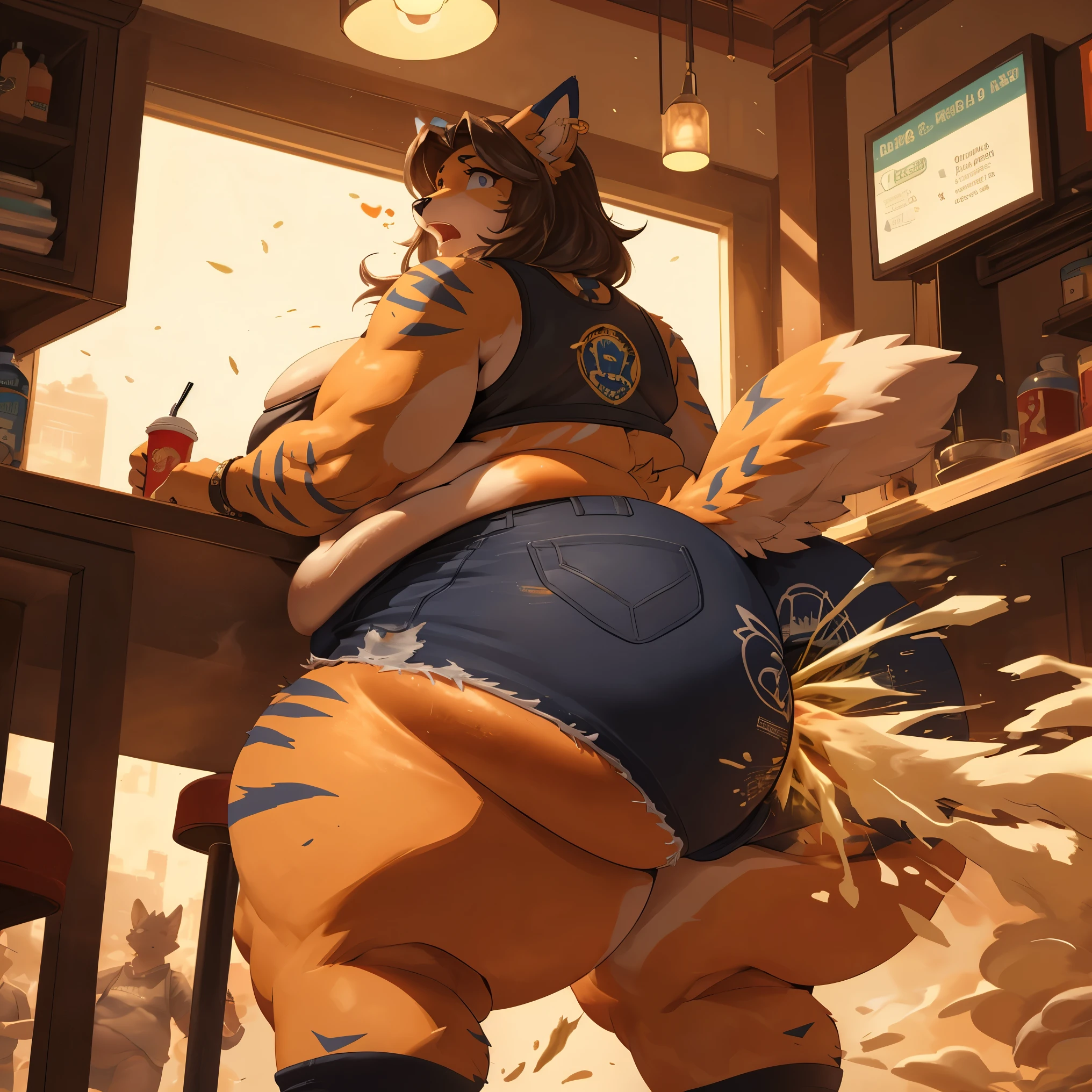 extreme low angle view A giant ssbbw furry ripping lots of massive farts out of her ginourmously fat ass as she sits (sitting) at mcdonalds(nsfw, 8K, Masterpiece,explicit, highly detailed, perfect lighting, light particles), (anime:1.2), detailed background,(female furry anthro:1.7), (fat, plump, thick:1.4), (huge breasts:1.5), cleavage, (huge fat ass, thick thighs:1.9), (fat arms:1.7), (farting), (burping), (slob), (she is farting alot as she sits at a table), (massive loud fart gas:1.9), (view of ass), (gassy), looking back at viewer,embarressed, surprised, detailed wide open eyes, furry tail(up), (crop top, short shorts), table of a busy mcdonalds, proper anatomy, massive farts, disgusting, gassy, shocked onlookers