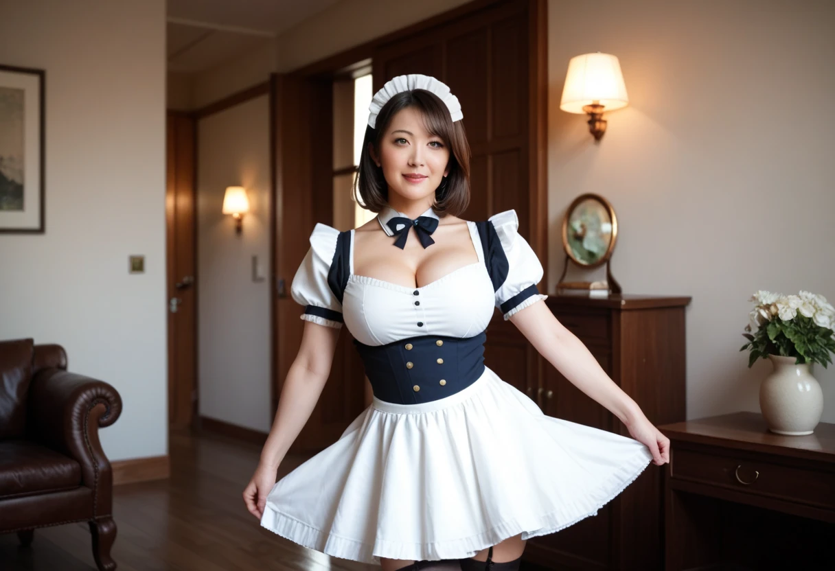 Detailed and complex, (Perfect figure), (Japanese woman), long legs, Long and straight hair in light color, (perfectly cute face:1.6), round face, (very huge breasts:1.5), (maid costume and panties:1.46), (view from below:1.55), (stripping:1.48), high quality, highres, anatomically correct, cafeteria, looking into the camera, portrait