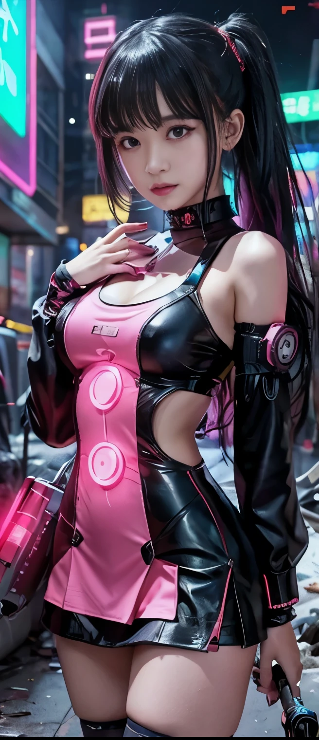 Cool Cyberpunk Idol Girl、A pure girl's face、 hypo、cyberpunk mini dress(Fluorescent Red、Bloodbelt、Glowing Chainsaw、Glamorous Garbage Dump