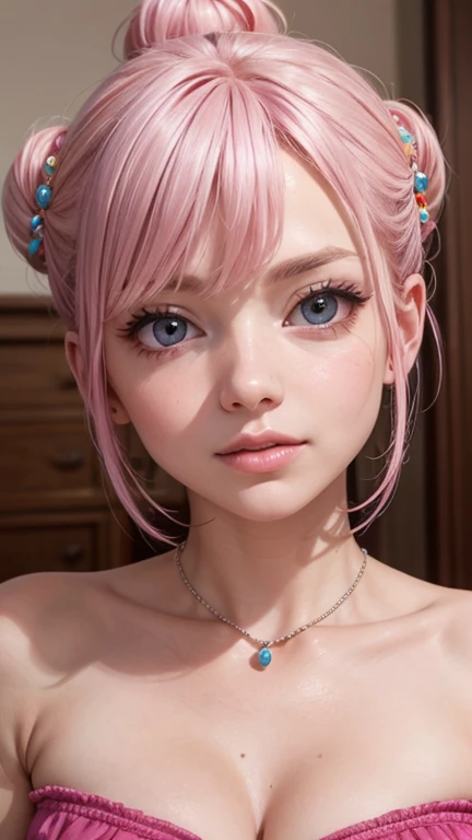 Imagine an emotion for the film "Inside Out". Pink skin, pink  hair, pink dress with hearts and blue eyes. Disneypixar 3d animation style