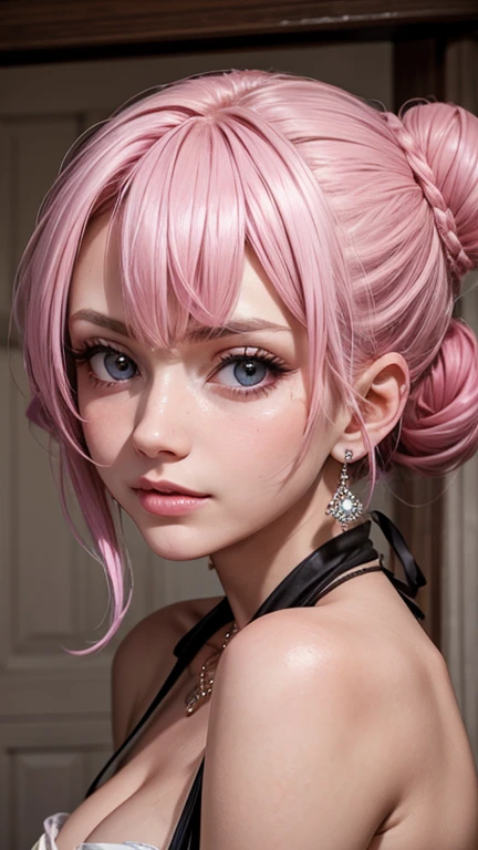 Amazing portrait of a sexy woman with a beautiful face with beautifully detailed eyes in a seductive gaze and beautifully detailed lips and extremely detailed eyes and face with long eyelashes with her pale skin turning pink with a smile on her lips with her messy bun hair tied in a black hairband wearing alluring earrings and black v-neck t-shirt emphasizing her long neck and her medium chest with cleavage and her captivating demeanor having an enchanting expression and tempting charm with captivating beauty and elegance as she poses seductively with her beguiling presence.