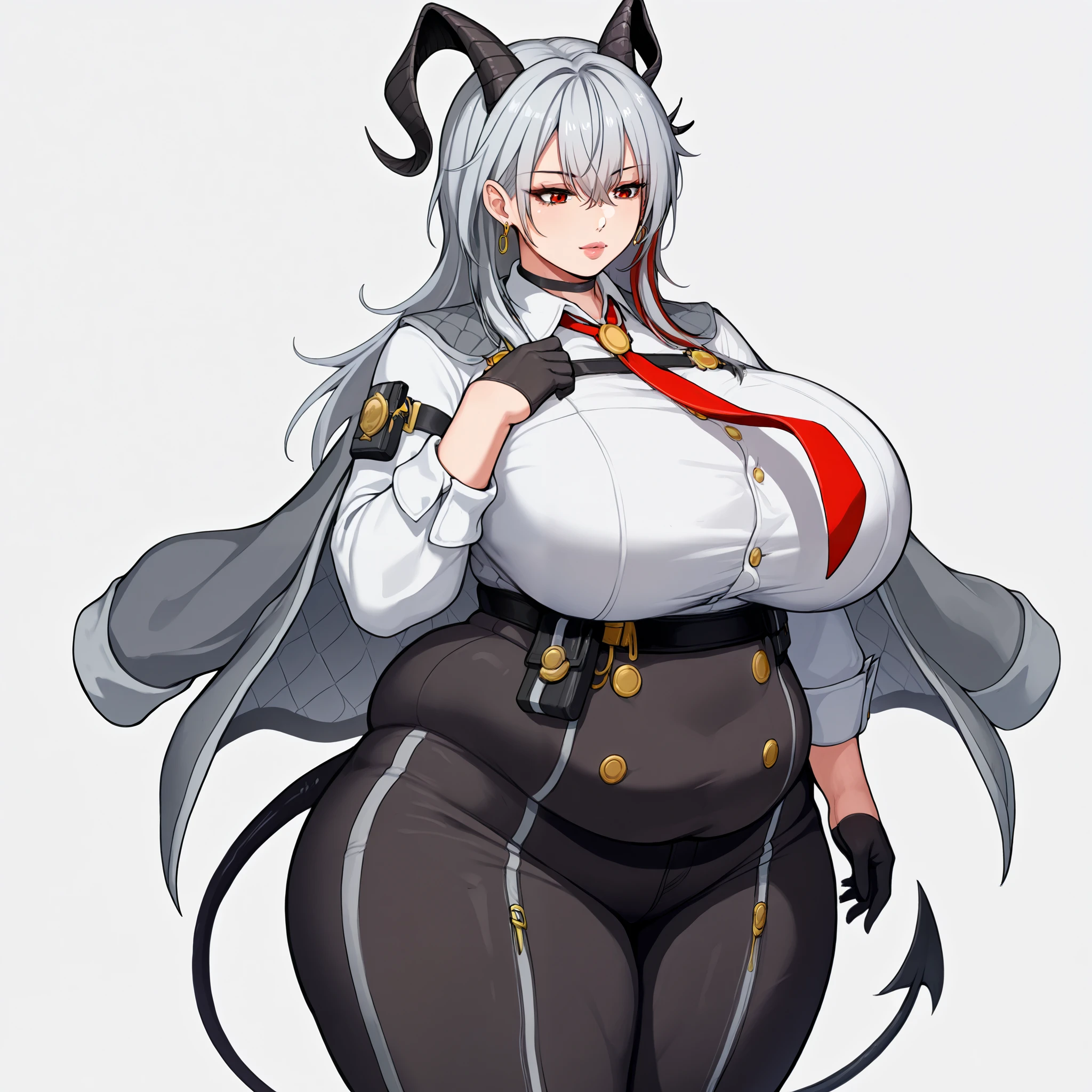 score_9, score_8_up, score_7_up,  cowboy shot, Alone,  1 girl, z4ni, demon tail, long hair, multicolored hair, grey hair, hair between eyes, goat horns, demon horns, red eyes, large breasts, grey coat, coat on shoulders, white shirt, collared shirt,  red necktie , long sleeves, black gloves, half gloves, black pants, earrings, black choker, ((( huge breasts))), chubby, chubby girl, curvy, large breasts, lips, plump, thick thighs, thighs, (((oversized gigantic stomach)), curvy, large breasts, lips, plump, thick thighs, thigh, immobile
