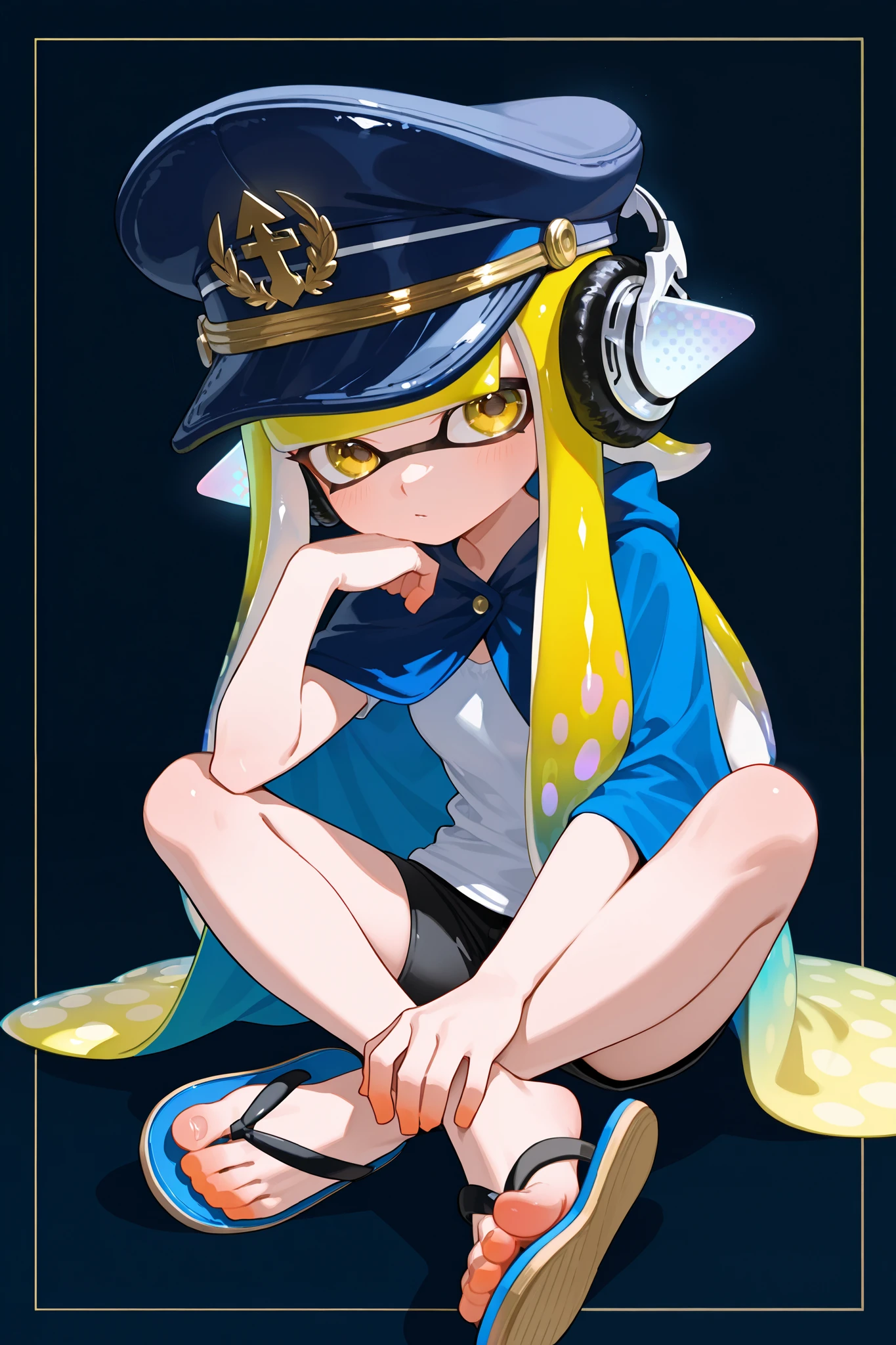 splatoon、girl、cool、 beautiful background、sit cross-legged、is tall、tall、 eight-headed body、Tall、tall to the eye、blue legend hat、 blue hat、blue legend hat、yellow long hair、black headphones、triangle-shaped headphones、triangular headphones、triangle headphones、black flip flops、black shorts、 giant、White clothing、Shining Cosmic Color Cloak、peace sign with one hand、