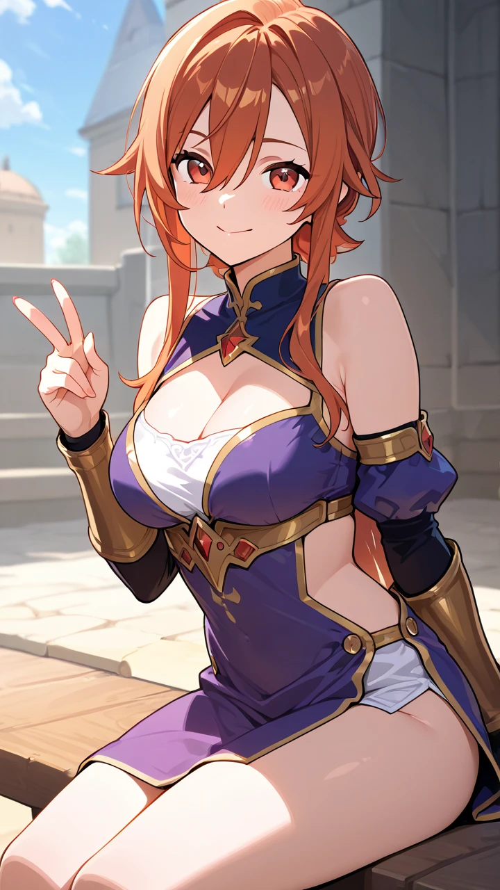 Lian, light brown hair, hair stick, bangs, violet eyes, solo, smiling, standing, upper body, hips, bare shoulders,purple thighhighs, red dress, gold jewelry,armor,gloves,circlet, cleavage, red and gold royal castle, gigantic breasts, (best quality, masterpiece, beautiful and aesthetic:1.2, highest detailed face, perfect face,) eyes, perfect face,expressive eyes,
looking at viewer, in the center of the image,(Upper_body),(Focus on her face),
official art,extremely detailed CG unity 8k wallpaper, perfect lighting,Colorful, Bright_Front_face_Lighting,shiny skin,
(masterpiece:1.0),(best_quality:1.0), ultra high res,4K,ultra-detailed