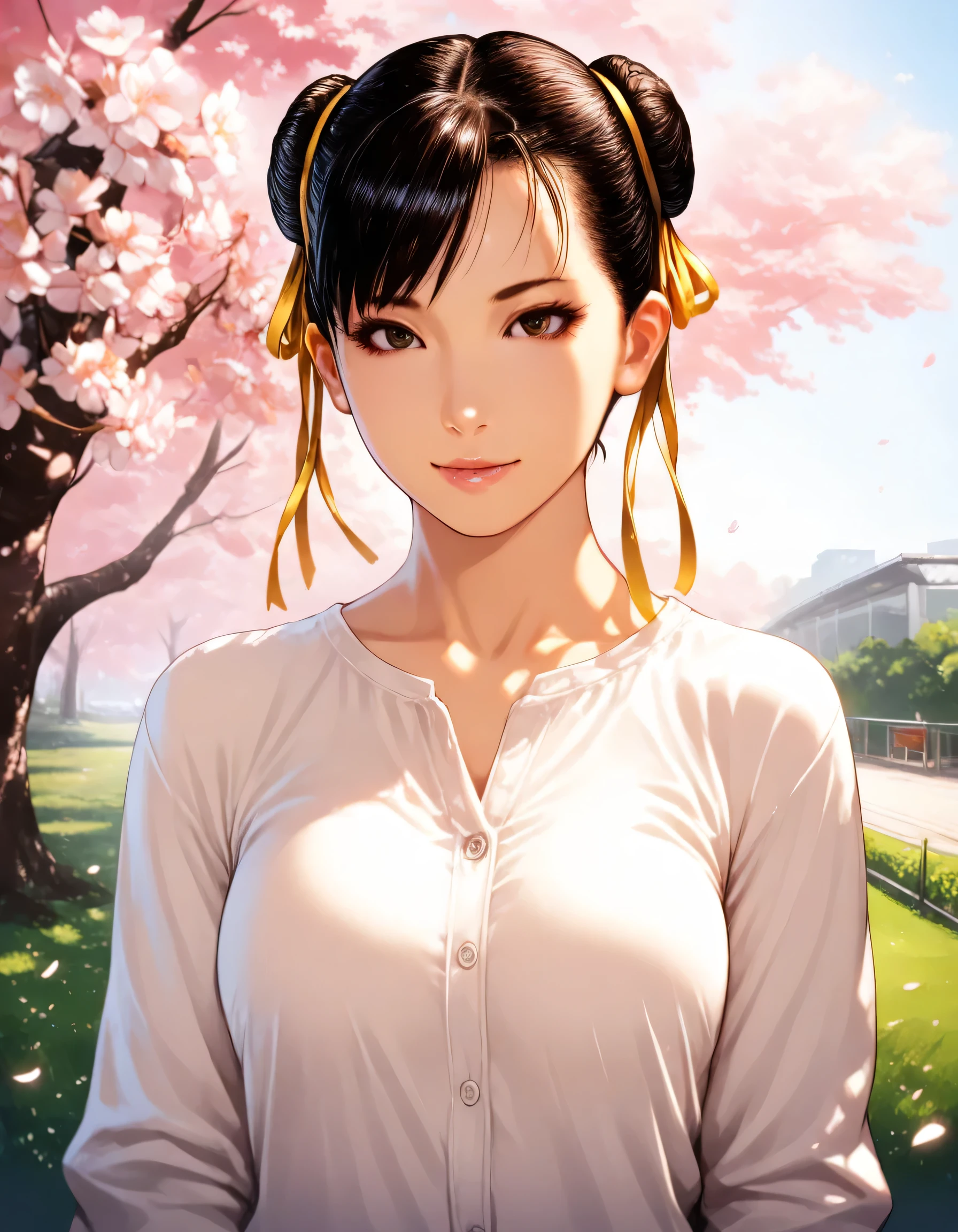 (masterpiece, best quality), 1girl, Crimson Braided Low Bun with Delicate Flowers, Size E breasts, <lora:housechores:0.8> housechores