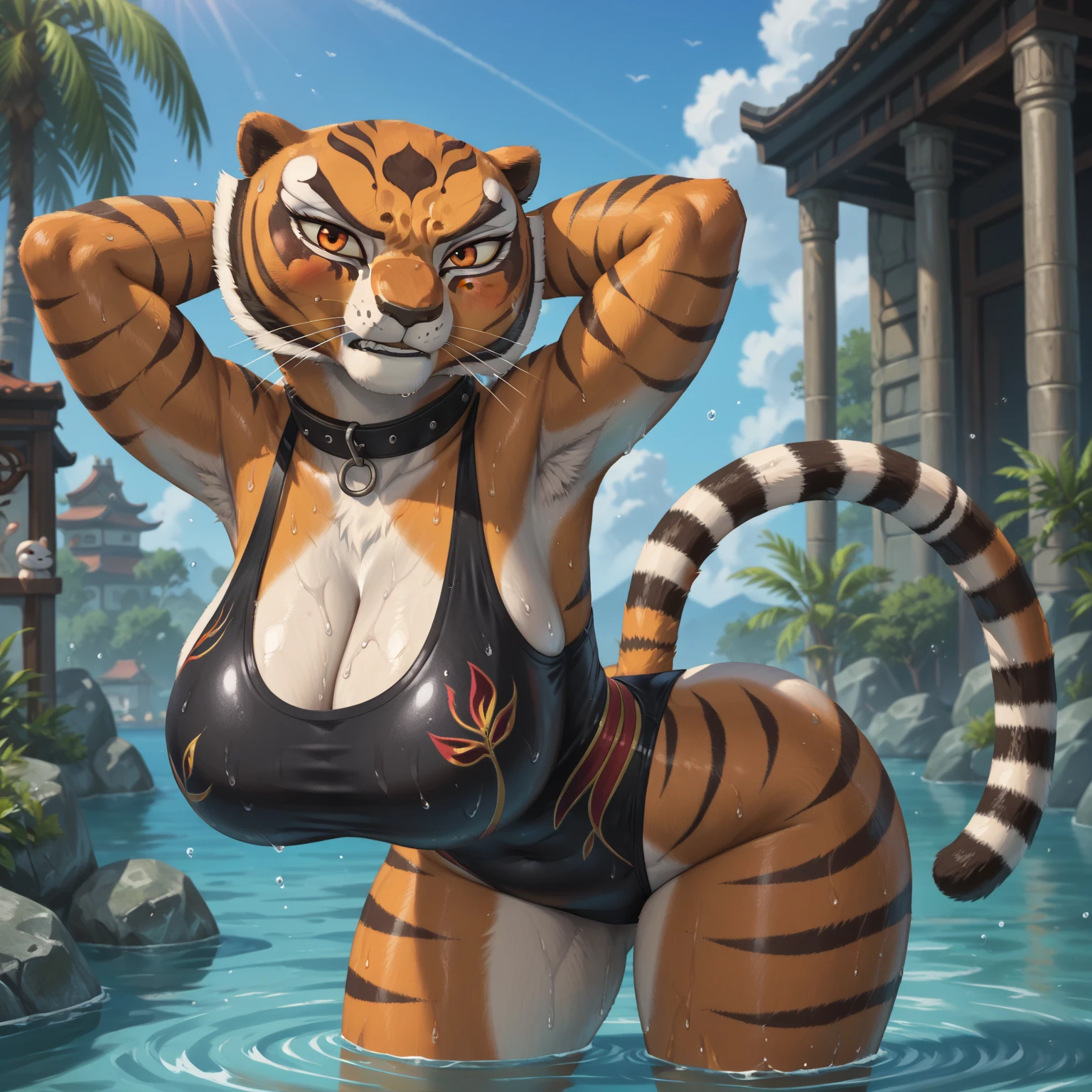rating_safe, score_9, score_8_up, score_7_up, score_6_up, score_5_up, score_4_up, hires, source_furry(​masterpiece, top-quality, Official art)Look at viewericro bikini, tiger and girl, Tiger painting}A flash of light runs, Colorful water levitation,