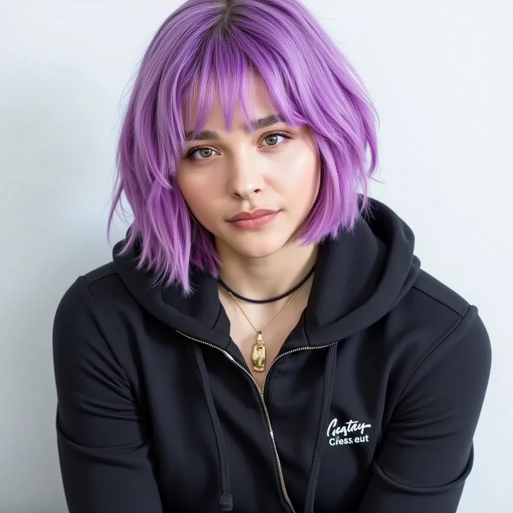 1 Woman, Light purple hair, Bob Hair, big blue eyes, Model appearance, cute face, 20 years old, black t-shirt, black skirt, high quality, 8k