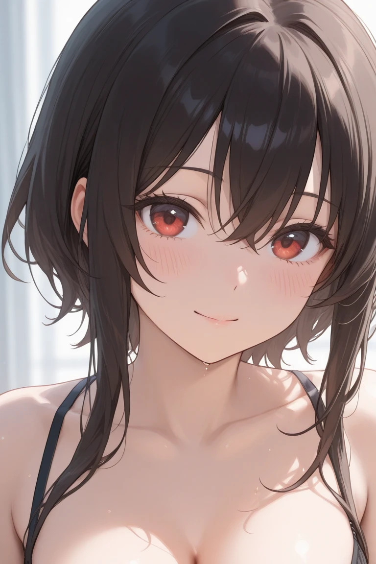 1 girl,Solo,upper body,black hair,red eyes,bare breasts,Criss Cross,Bikini,masterpiece,best quality,very aesthetic,absurdres