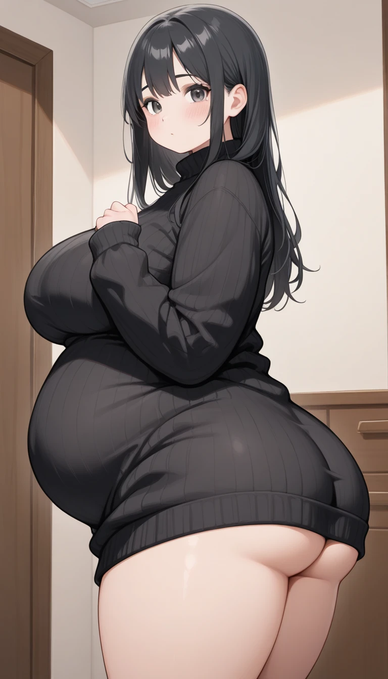 1girl, milf, looking down at viewer, low angle, fat thighs, thick thighs, wide hips, big belly, cruel smile, fluffy sweater, very short pleated skirt, tights, flowery panties, cute panties, bully, mean, mocking look, sticking tongue out, one eye closed, bottom heavy, pear shaped, skindentation, grabbing belly, teasing
