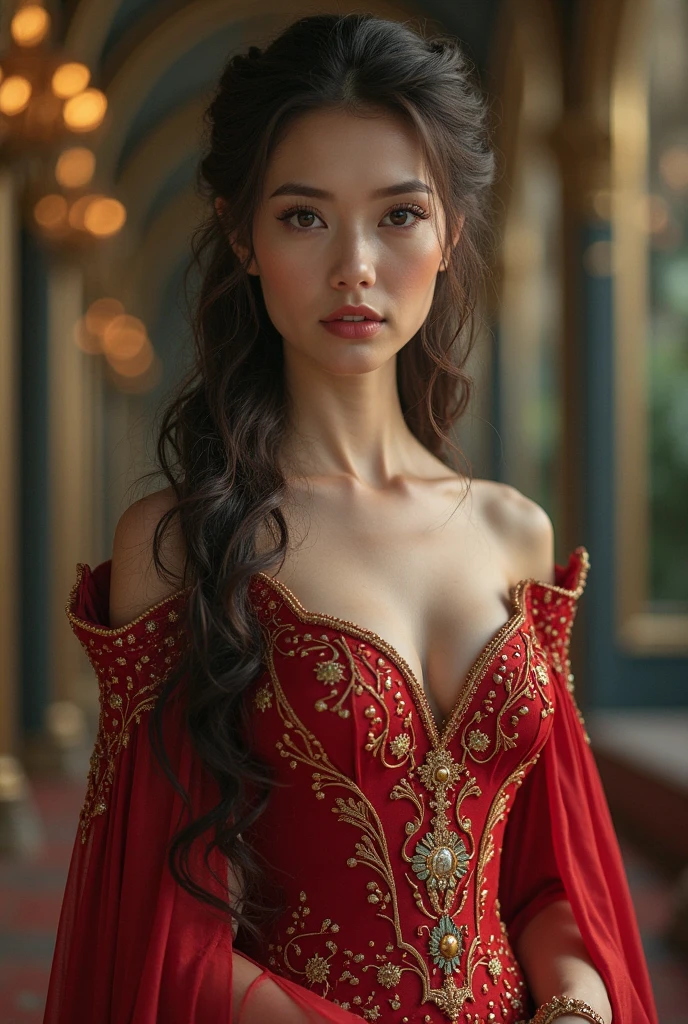 (masterpiece, best quality), hyper realistic, ultra photoreal, raw photo, photorealistic, ultra detailed, extremely detailed, intricately detailed, a beautiful medieval courtesan, solo, she is sitting on a lavish and massive bed, she is well-educated and possesses a refined taste in art,<lora:RPGCourtesanXL:0.2>, heart, soft smile, beauty, elegant, sensual, delicate, fashionable, detailed beautiful face, perfect eyes, perfect lips, modern, surreal, dreamlike, atmospheric, moody, dramatic, complex, Victorian, Empire, iridescent, liquid clothes, <lora:Empire_SDXL_OnSite:0.4>, cyberpunk interior design, her room and interior decor strongly reflect the influence of Japonism, dark fantasy style, fractal nebula threads, <lora:Cyber_Background_sdxl:0.5>, (dynamic angle:1.4), dynamic composition, film grain, FujiFilm XT4, face focus,