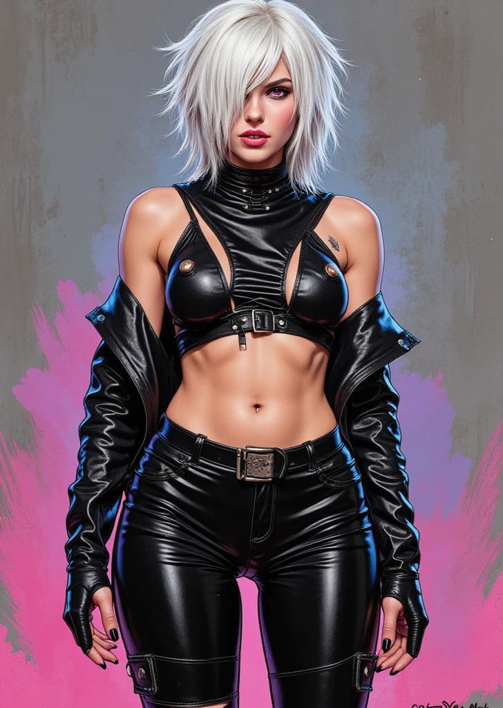 8K, Top Quality, Intricate Details, Ultra Detail, Ultra High Resolution, Masterpiece, close up shot, (full body: 1.1), (()), Slender, Smile, (Makeup: 0.4), ), (Fluffy Eyes: 1.21), (((( )))), 1girl, solo, 1 girl, ((blue hair, (long hair), (bangs), bangs,, , blue eyes,)), close up shot, , ((tall)), (((fit body))), (((slim face))), sharp face, (((((, Leather jacket with zipper fully open, Super low rise pants:1.5, Pants that fit the hips:1.5,Low Waist Pants, Unzipping pants:1.6),(Open the bottom zipper:1.5), (pull your pants down a little))) ,)), (detailed face), sharp face, small lips, (( )), walking pose, walk pose, wind blow, strong wind, wind blow hair, wind blow cape,
((,)), , ((,)), detailed face, detailed breast, , ((large breast, huge breast)), detail ass, Narrow Waist, Skinny, slim tall , 195 cm tall, Muscular, Navel, Exposed Abdomen, Pointed Chest,, Beautiful girl with accentuated slender abs: 1.4, Six Pack Abs: 1.4, Bust Botox, Big, Perfect Body, detail leg, (( dark background)), black background,