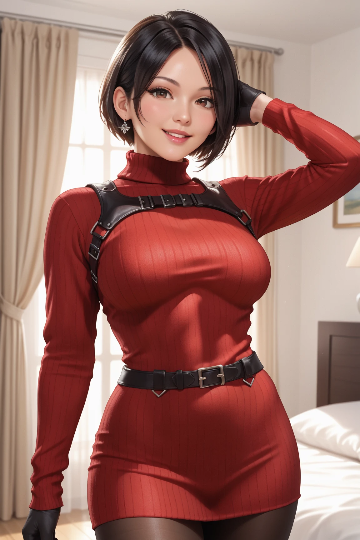 1 girl, Single, Ada Wong in the Resident Evil 4 remake, Short detailed hair, Brown haired, Red cheongsam, Short-sleeved shirt, black, Nydium breast, Upper extremities, Back, الكعب الblack, Adriana's face, Find your audience, Cunning smile, A gun was hung on her waist, Best quality, High accuracy:1.2, قرية من القرن الثامن عشر في Backية, Shading, nightmare, Moonlight rays, Upper body imaging, The camera angle is low、Depth of fields、Focus the center