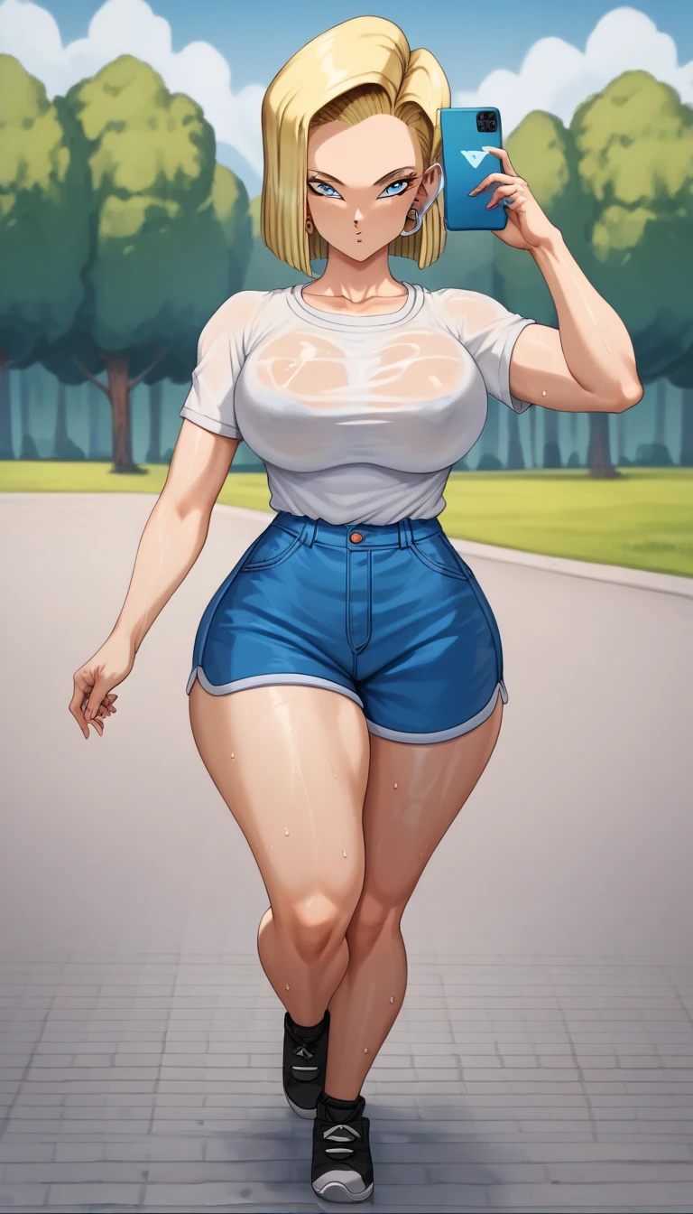1girl, star eye, blush, perfect illumination, unreal engine, sidelighting, detailed face, bangs, bright skin, a view of an adult woman wearing a wearing denim shorts and a orange tank, big breast, solo, smile, orange hair, short hair, shirt, shorts, full body, crop top, looking at viewer, muscular arms, hands down, black over-the-knee socks, standing, legs and feet are also visible, brown eyes, tall, full body, field, low grass,