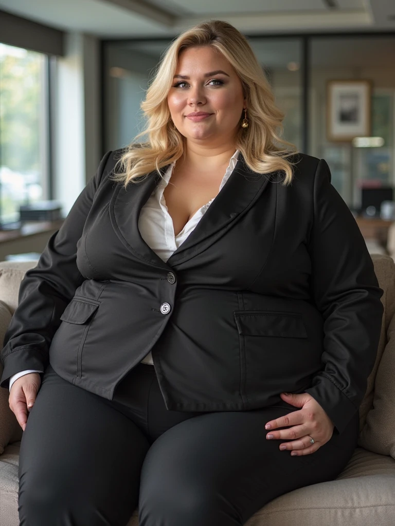 Fat woman, 40 years old white Caucasian woman, big hips, trick thighs, busty cleavage, fancy dressed for a party, jacket, shirt, pants, necklace, earrings, public bathroom, MILF, long straight blonde hair, make-up, lipstick, serious, chubby, bbw, casual pose