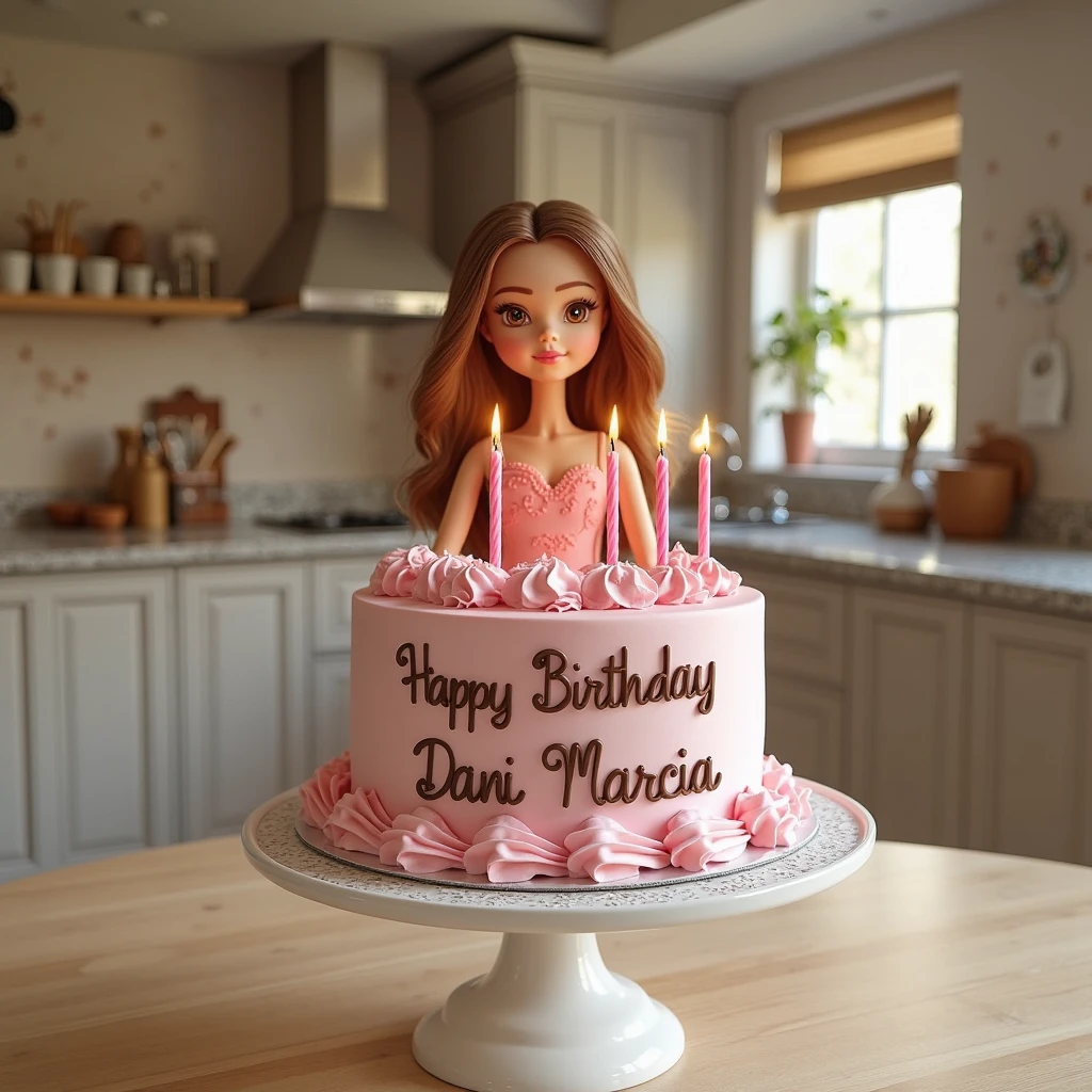 Brunette barbie doll with long curly hair holding a cake with 46 year old candles