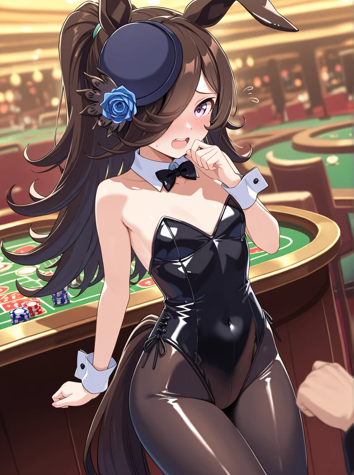 (((top-quality、masterpiece)))、Cover of women's gravure magazine、1girl in、A stunning、(((casino background)))、(red blush)、(((Brown skin tone)))、sun burn、a playboy bunny、animal ear、panthyhose、rabbitears、length hair、Black Leotard、Leotard、brown haired、fishnet tights、shinny skin、(((Colossal tits)))、large full breasts、Sheer areol