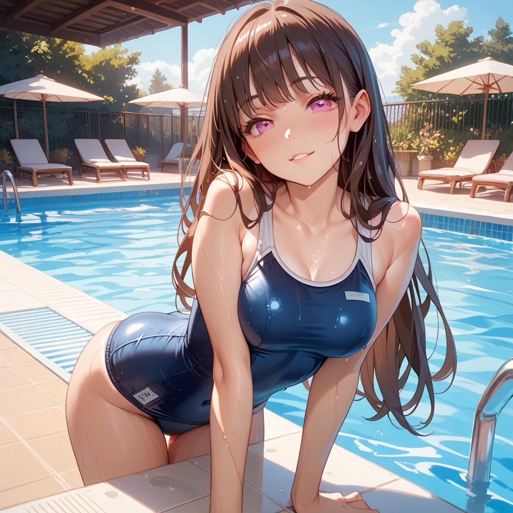 very cute and beautiful girl,Baby Face，10 years old，Very short stature: 1.3，Flat Chest: 1.4，Very thin thighs: 1.3，(Very beautiful face and eyes),(Blue school swimsuit), Sitting,Spread your legs,Place your arms behind your back,Show Viewer,Poolside,Meadow flowers,(smile),Black Hair, (highest quality,masterpiece:1.0),Absurd,High resolution,Very detailed,Very detailed,32k, Movie Scenes,Detailed Background,alone,Dynamic Angle, Hair blowing in the wind,Beautifully detailed skies,