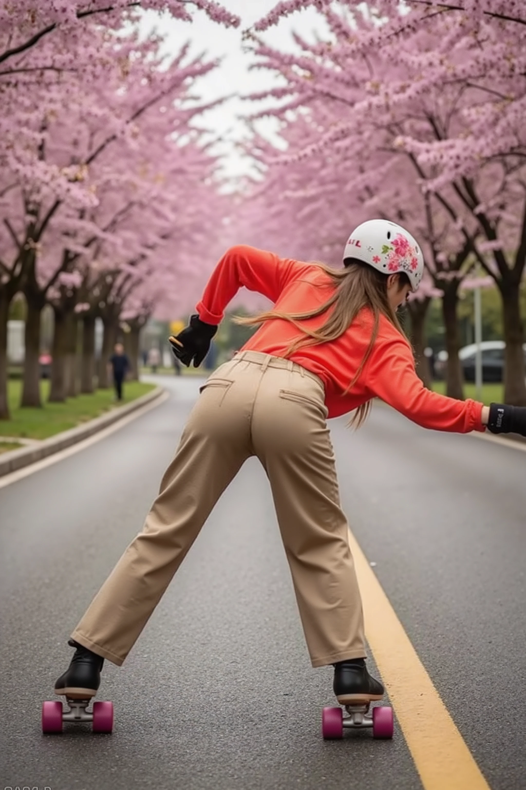 🌟 :
Back view, focus on ass, Ultra-HD 12K action shot, photographed from a moving support vehicle. silent: Dynamic sports photo realism with selective focus - the skater crystal clear, while road and blossoms blur in artistic motion blur.
🌌 :
"A slightly sloping avenue in a Japanese city park: Thousands of cherry blossoms form a pink roof over the moist asphalt road. In the background, lanterns blur into golden light strips. The roadway reflects the flower canopy as a pink glow."
😈 :
"Eine feminine Inline-Skaterin in skater-Outfit: wide khaki skater pants, which accentuates her dynamic movement. Her neon red wide shirt flutters in the wind, Her helmet is covered with cherry blossom stickers."
🔥:
"Professionelle Speed-Position: ((Bent low with almost wafer straight upper body, (Ate stretched out):1.9)), hands behind our back entangled. Her right leg is extended backwards, The left strongly angled. sparks from aggressive 110mm wheels. A cloud of pink flowers swirls behind her on. she looks over her shoulder at the viewer