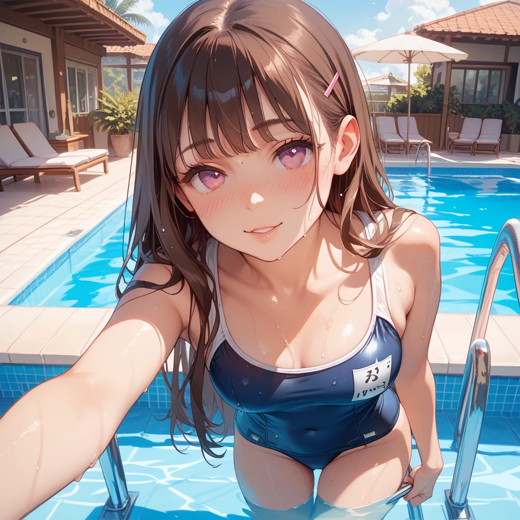 (Cute Bikini)、Poolside、((Shibuya Rin))、Disorganized、Dark Eyes、Fine hair、Flat lighting、Highest quality、Intricate details、Hyperrealistic、Very detailed、Detailed Background、An illustration、1 female、Slim figure、Sitting、blush、Upper Body