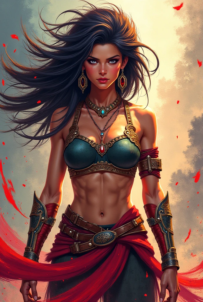 Create a anime style landscape image. Dramatic style featuring a fierce female warrior in a dynamic and intense pose. The subject has long, flowing black hair adorned with red and gold accessories, and her skin is a medium tone. Her facial expression is intense, with piercing eyes and a determined look. She is dressed in elaborate, tribal-inspired attire with numerous necklaces, bracelets, and other jewelry. Her outfit is predominantly dark with red accents, and she is holding a weapon, possibly a sword, with blood splatters visible on her arm and the weapon. The background is a mix of dark and light shades, with red splatters adding to the dramatic effect. The artist's signature, 'cypher_aiarts,' is visible on the right side of the image.