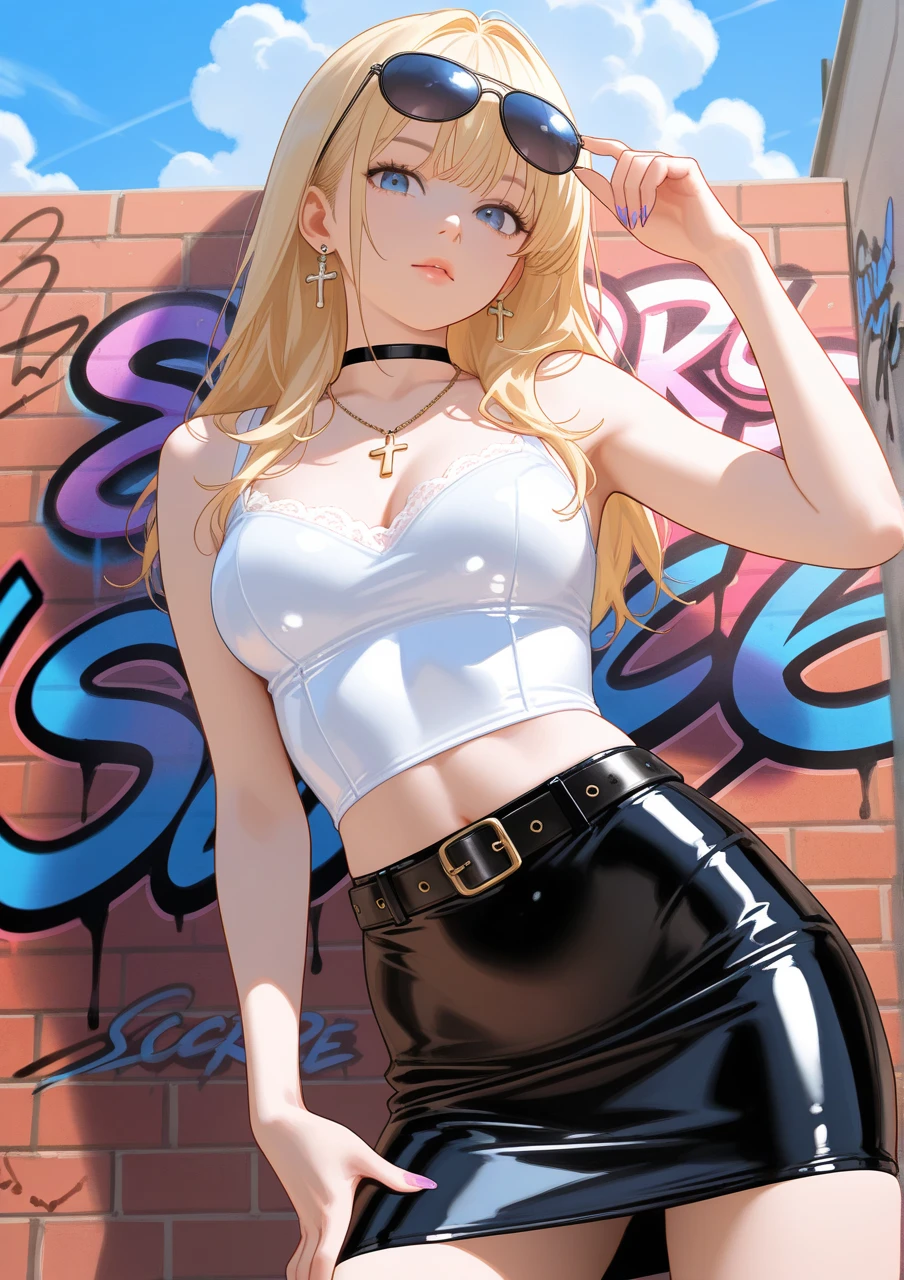 below, realistic, standing, score_9, score_8_up, score_7_up, 1girl, solo, blond hair, medium breast, blue eyes, hands, fingers, look at viewer, (pose), sexy, legs, sexy body, choker, anime, white top, (latex skirt), earrings, long nails , clouds, ((graffiti)), necklace, cross, sunglasses, lace, belt, brick wall
