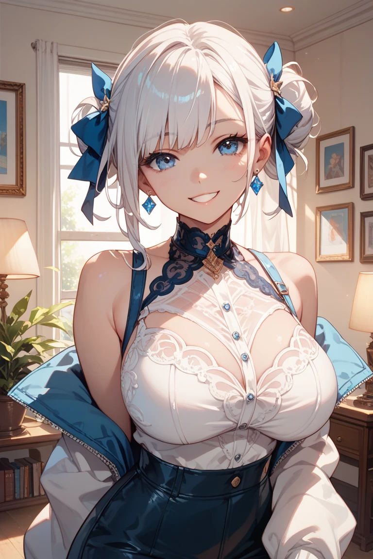 silver bob hair, blue eyes, (((beautiful))), Blue sweater, White jacket, Cropped jacket, Long sleeve, Open clothes, Ribbed sweater, Armband, (((Glowing Skin))), ((Intricate details)), High resolution, ((Intricate details, Ultra-detailed)), Cinematic shots, Sitting on the bed , Vignette, ((Works by Alfonso Mucha)), gazing condescendingly at the viewer with a scornful grin, attractive giant ass, thick muscular thighs