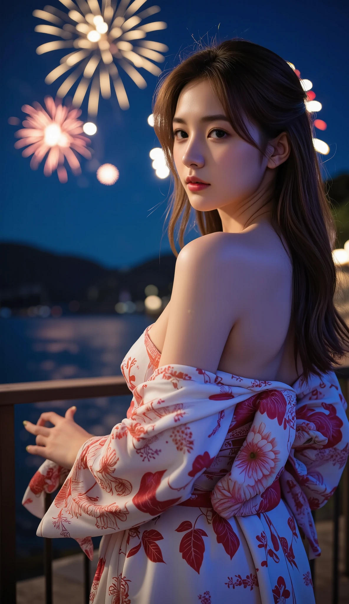 score_9, score_8_up , score_7_up , score_9,Score_9, Score_8_up , Score_7_up , 1 girl,deep V,masterpiece, Best Quality, Looking Back, from behind, off shoulder kimono, Grin, , bare shoulders in bright blue, rimlight, Night , kimono, Fireworks , is written in depth, sweat, arm by your side, 1 girl,
