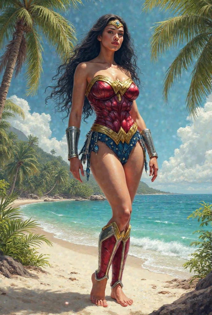 full body sexy beauty muscular 16 years old Wonder Girl, tall muscular, black long straight hair, blue eyes, red lips, large breast, Wonder Girl costume, Wonder Girl in combat position on the beach of a tropical island, lush vegetation, palm trees, bushes, ancient ruined city in the distance, fog, blurred shadows, photorealistic,