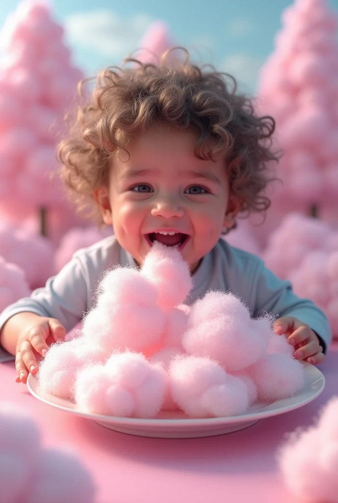 Pink and light blue cotton candy clouds and a happy boy eating the cotton candy cloud and a happy girl