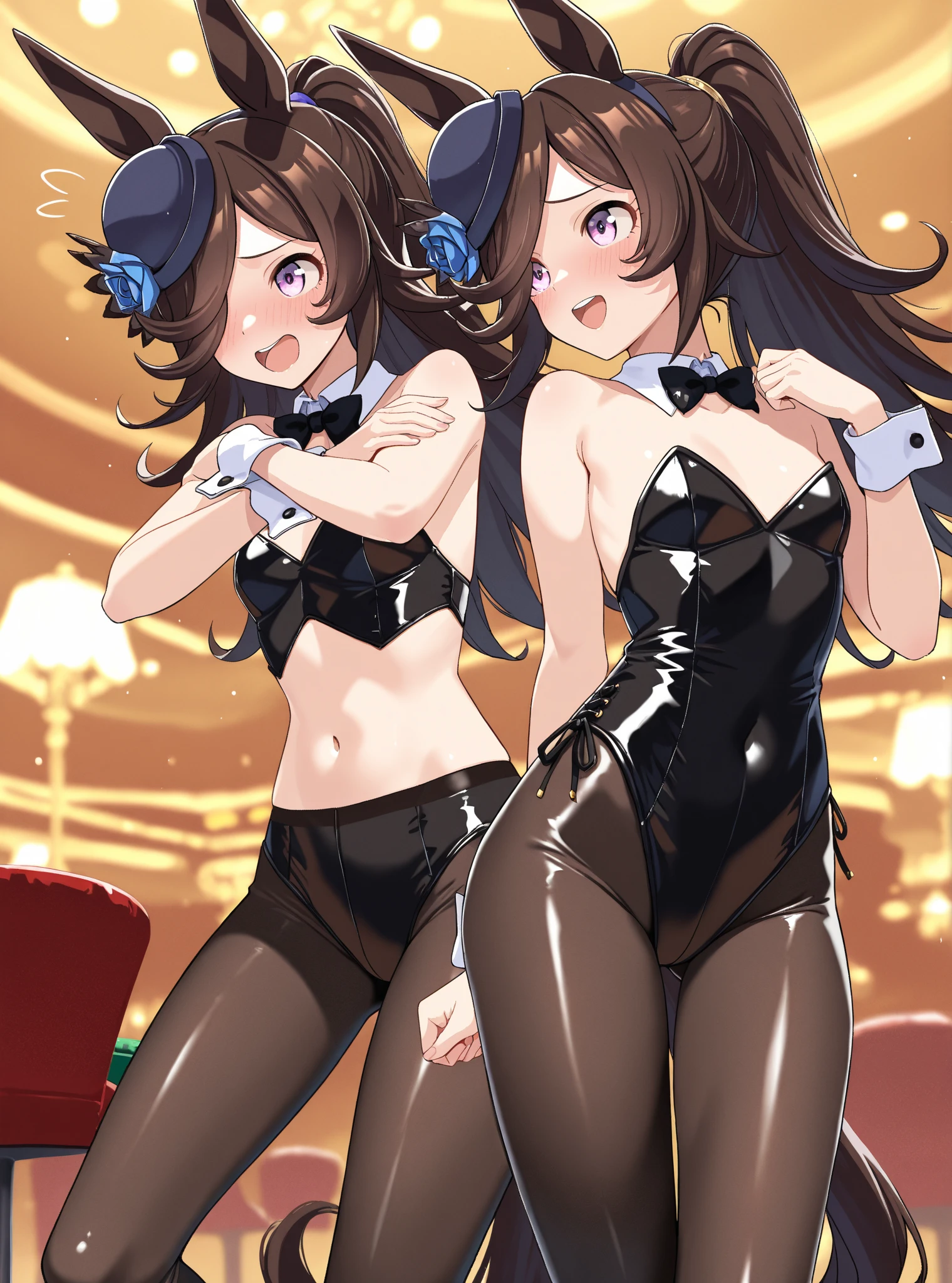 NSFW,Scathach、Long Hair、Purple Hair、(Red Eye:1.5),Animal Ears、Cleavage、first round、偽Animal Ears、Fishnetpantyhose、Fishnet、High leg、High legleotard、leotard、Official Alternative Costumes、pantyhose、Playboy Bunny、紫色のleotard、Bunny ears、Thighs、Wrist cuffs、Embarrassed,blush,(Perfect hands),(Perfect Anatomy),(masterpiece),(highest quality),Hands on hips,casino