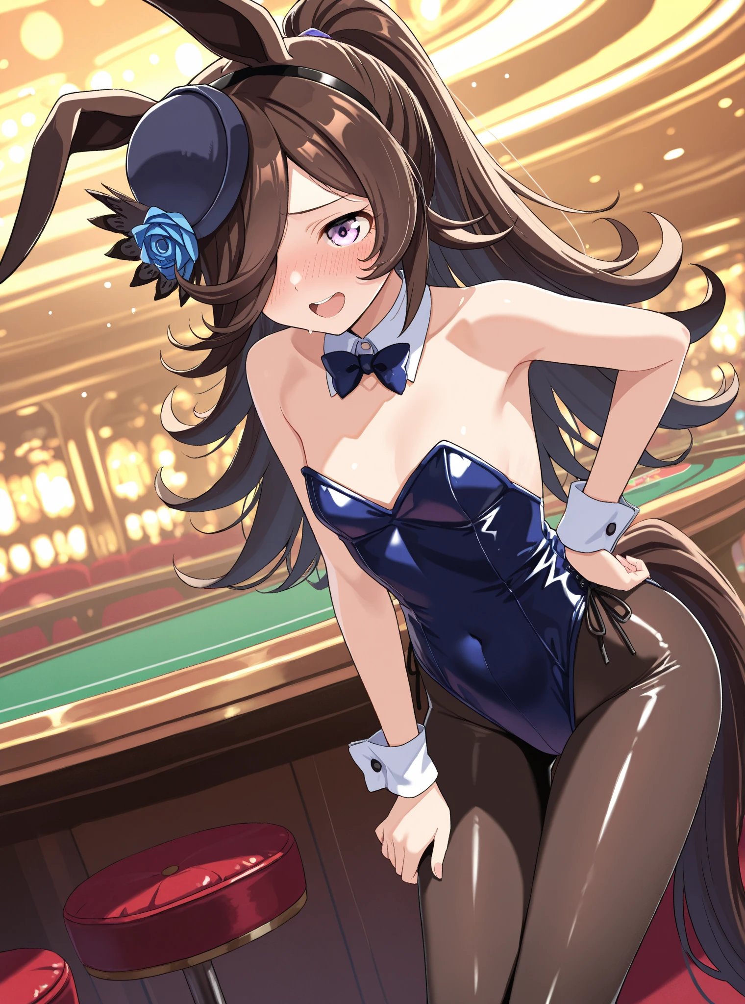 a woman in a bunny ears outfit holding a tray, long hair, breasts, large breasts, brown hair, bow, animal ears, cleavage, brown eyes, sitting, tail, ahoge, pantyhose, bowtie, rabbit ears, hair over one eye, leotard, cup, wrist cuffs, detached collar, fake animal ears, playboy bunny, rabbit tail, fishnets, drinking glass, fishnet pantyhose