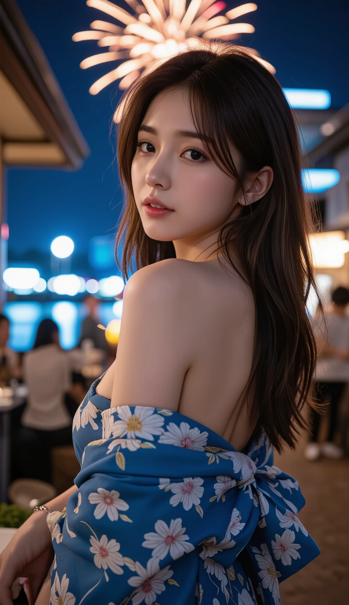 score_9, score_8_up     , score_7_up     , score_9,Score_9, Score_8_up , Score_7_up , 1 girl,deep V，masterpiece, Best Quality,  Looking Back, from behind, off shoulder kimono, Grin, , bare shoulders in bright blue,  rimlight,  Night ,  kimono,   Fireworks , is written in depth, sweat,  arm by your side, 1 girl,