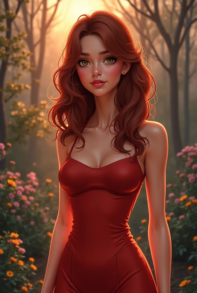An attractive young woman with fair skin and red hair, long and wavy, tied in a high ponytail. She's in a garden, sexly. She holds a flower, wear a short dress. Her body is curvy, fleshy lips, with wide hips and a thin waist
