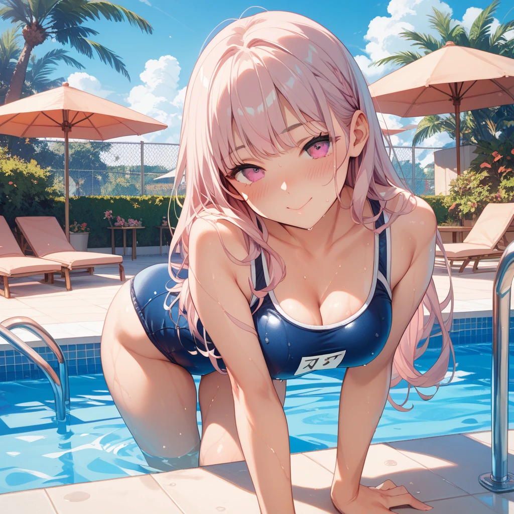 score_9, score_8_up, score_7_up, source_anime, masterpiece, absurdres, medium breasts, mature woman ,perfect face, 1girl, cute expression, smiling, looking at viewer, full body, pool, alisamikhailovna, alisamikhailovna kujou, long hair, bangs, blue eyes, ahoge, gray hair, red ribbon, white school swimsuit