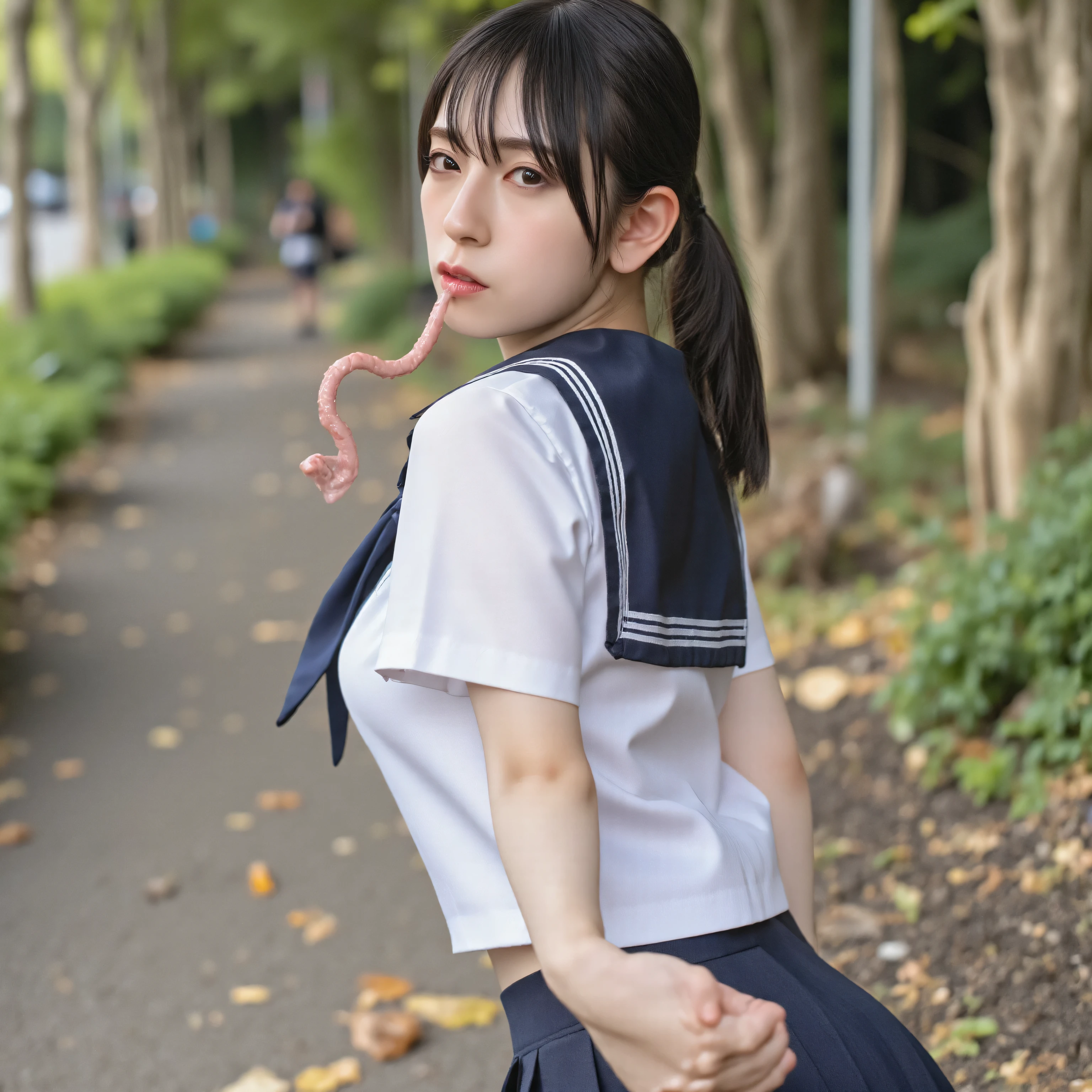 arafed asian woman in a skirt and a white shirt posing for a picture, japanese school uniform, japanese girl school uniform, wearing japanese school uniform, cute schoolgirl, jk uniform, beautiful anime high school girl, Wear loafers, Open belly button, Open belly, See the belly, low waist mini skirt, Skirt open,Skirt in half,Open Skirt,Not wearing underwear,No Panties,without underwear, wear black thigh high socks, bow, bowtie, long black hair straight, video, long foot, slender, young gravure idol, realistic young gravure idol, young pretty gravure idol, young skinny gravure idol, japanese model, 1 person, from the front, Full body standing pose, cum on face, cupping hands, cum on hands, cum on pussy, mouth full of cum, man, gay, cum swapping, excessive cum, JK_style, mouth full of cum, cumdrip, after sex, after vaginal, amateur, flash photo, cum on clothes, close eyes, sleeveless, seductive pose, cowgirl position, open legs, crawling position on hands and knees, kneeling pose, wariza, cursed ribbon, bound,restrained,(((too many tentacles, tentacles,bound wrists by tentacles, bound ankles by tentacles, bound torso by tentacles, bound waist by tentacles, hanging, legs up, full body))),midair, sexy black lace outfit, seductive pose, cowgirl position, open legs, crawling position on hands and knees, kneeling pose, wariza, demonic ribbon, many tentacles wrap around the body, many tentacles bound arms,