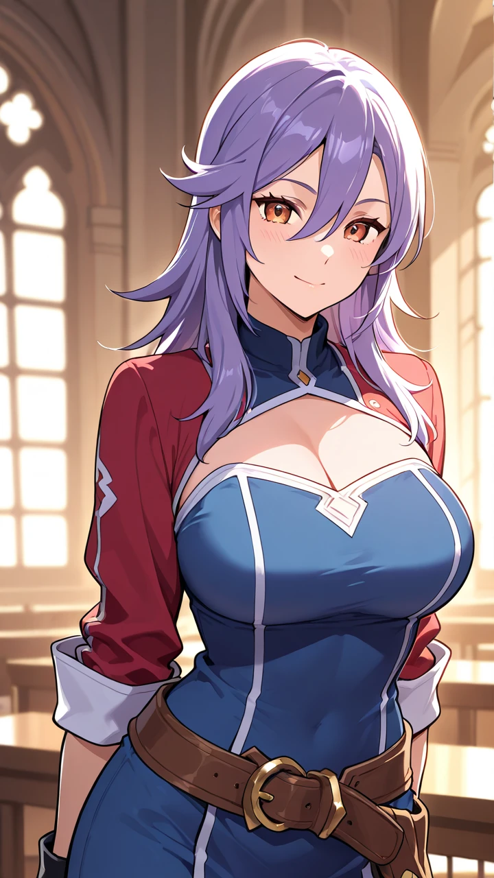 (Masterpiece, Best quality, Extremely detailed Unity 8K wallpaper, Conception de personnages exquis, beautiful huge-breast, Extremely detailed details on the face, Extremely good anatomy), Asagi, 1fille, poitrine, seulement, sourire, ABS, Tonique, Regarder le spectateur, main sur la hanche, rougir, huge-breast, cheveux bleus, cheveux longs, frange, cheveux entre les yeux, Yeux verts, (Nurse's outfit:1), tight-fitting clothing,
