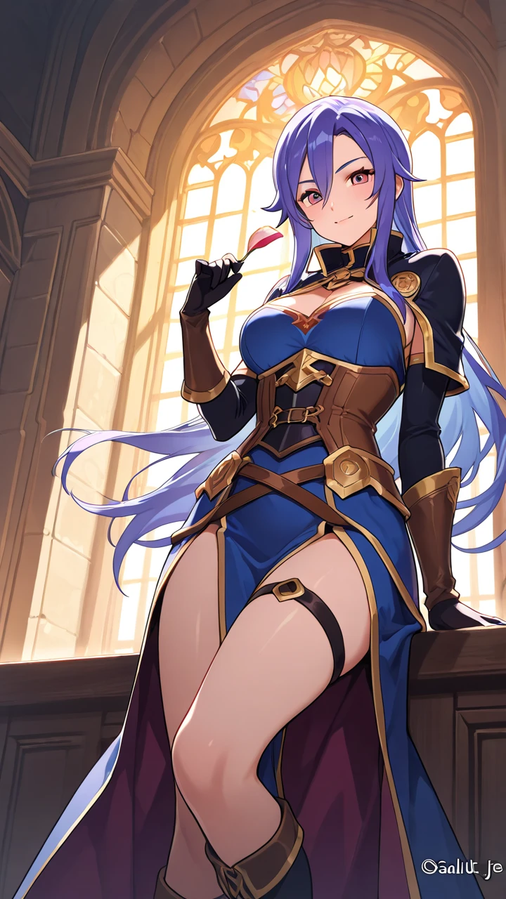 Meisterwerk), high resolution, (Extrem detailliert), fotorealistisch, 女の子1人, (((sehr langes, lockiges, kirschrotes Haar, seductive bright red eyes, largeeyes, Augen, niedliches Gesicht, kleines Gesicht, Scharfes Gesicht, gorgeous eyes, Blutjung, big legs, dicke Beine:1.7, wahnsinnig schmale Taille:1.3, medium boobs:1.3, flush, (Extrem sexy, sexy, sexy, sexy, sexy, sexy)))), ((Glatte Haut, Weiche Haut, Pralle Haut, blue mages Armor, leotard, bare legs, belt, embarrassed pose, super highleg, magic staff, wizard hat, high heels, long legs))