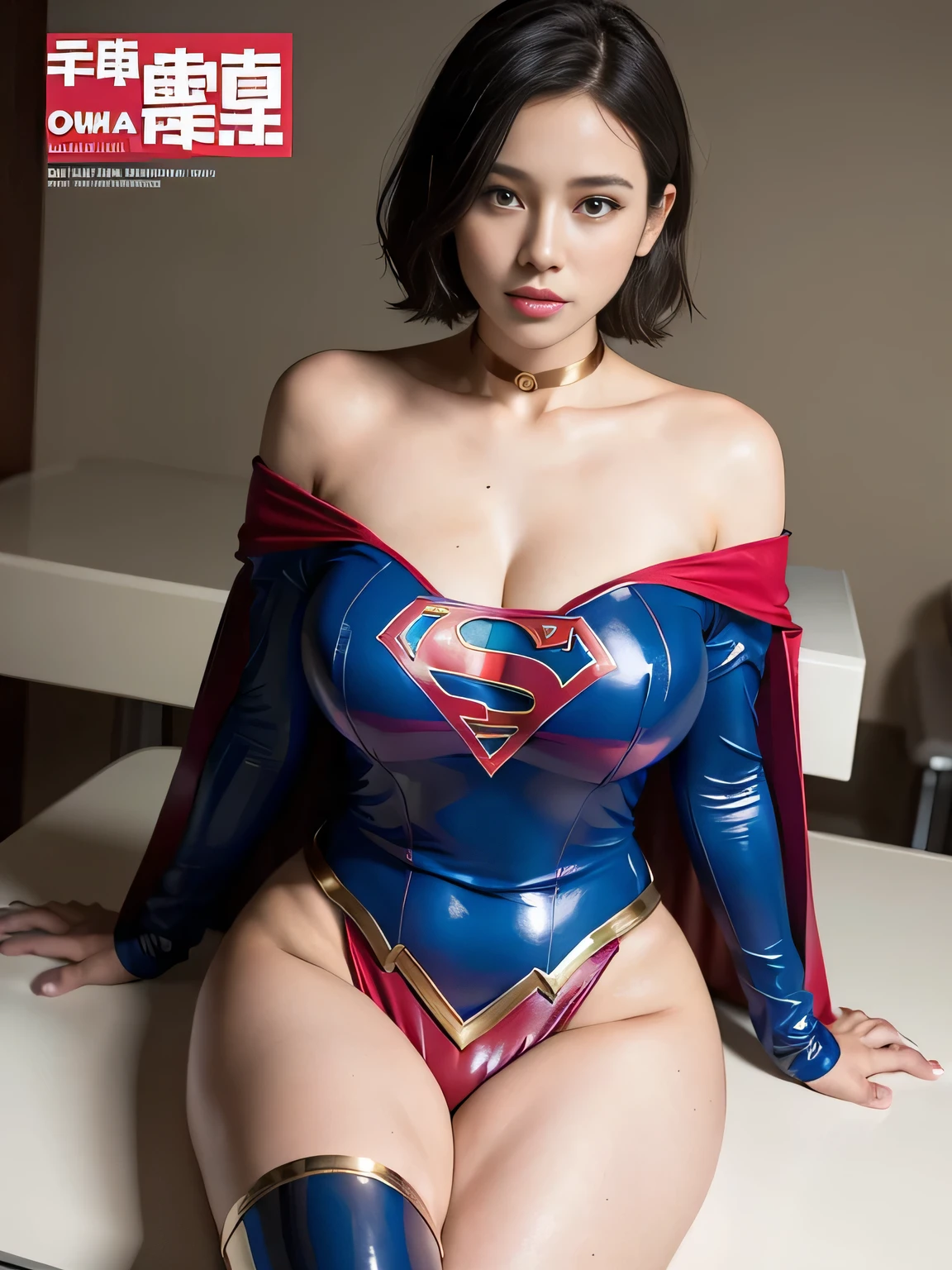 masterpiece、Enamel Supergirl Costume、short hair、Patent leather boots、Big and ample breasts、looking at the camera、choker、Long sleeve、Off the shoulder、mini skirt、Red cloak、Sweaty skin、Sit in bed、Weekly magazine cover、Cute pose、