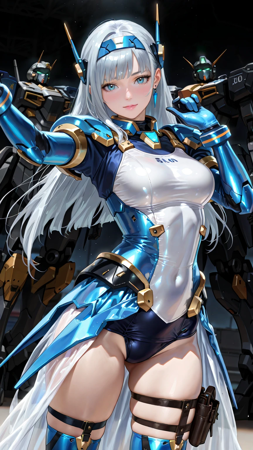 4K,High resolution,one woman,cream hair,long hair,blue eyes,big breasts,Valkyrie,blue tight cyber suit,hat with feathers,cyber headgear,Japanese sword,city of the future