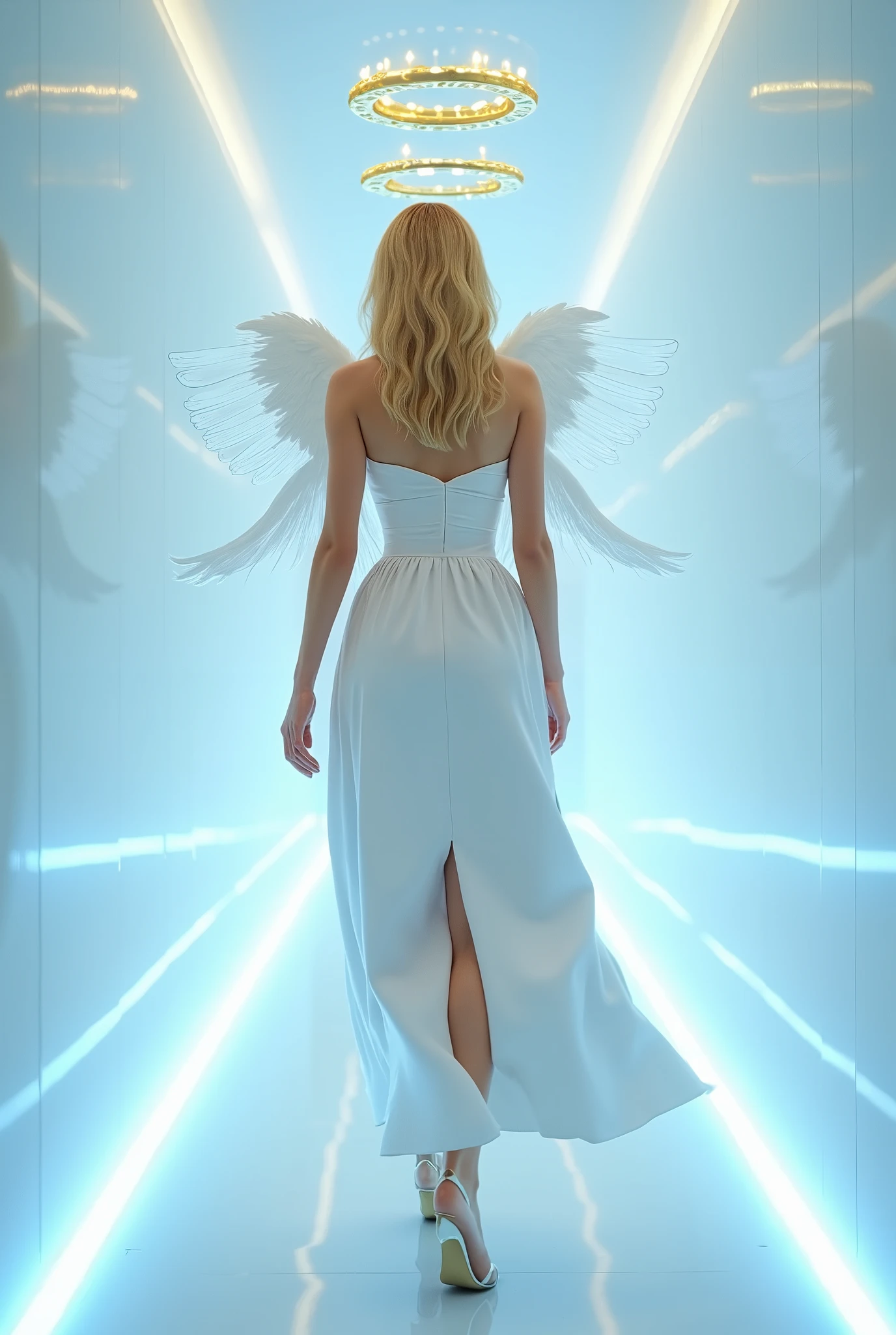 Pixar, nsfw, sexy, business woman, pleated skirt, walking away from camera, looking over shoulder at camera, kitten heels, blonde, pleated skirt, pixar, brown eyes. White corridor with glowing blue lights, swedish, pixar, angel wings, halo, gold tri, white clothes, pixar style, 3d ge