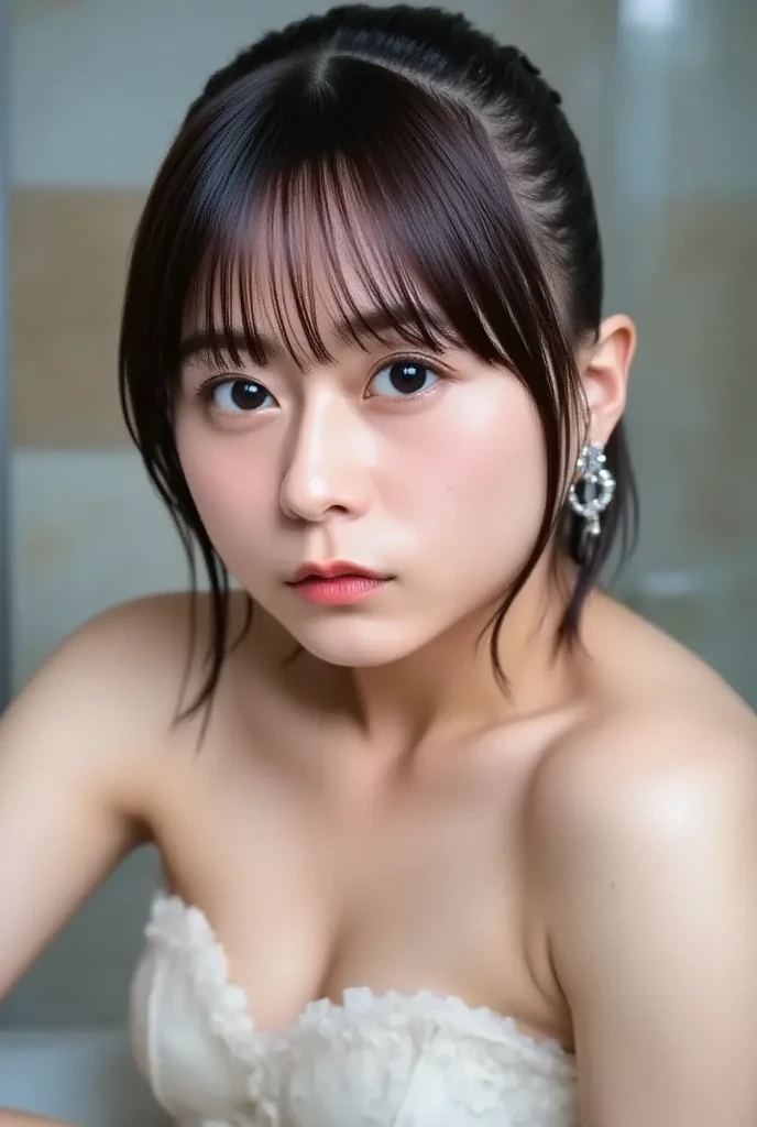 1womanl,small breasts, ,((Impatient expression)),Beautiful breasts,(thin white tanktop),well-styled,,(Facing the front)(((Blushing cheeks、Surprised look)),(((short braid))),((( Portrait from the knee up))), Blue eyes,(((Bangs are aligned)))((see -through))((Sexy bra))(Wet with water),
